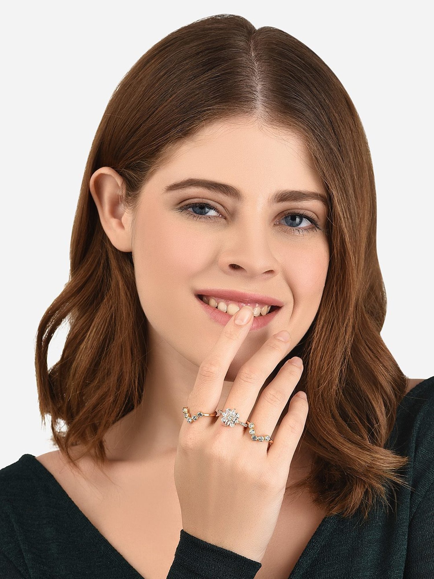 Lilly & Sparkle Brass Gold Plated CZ Stone Studded Floral Finger Rings - Set of 3