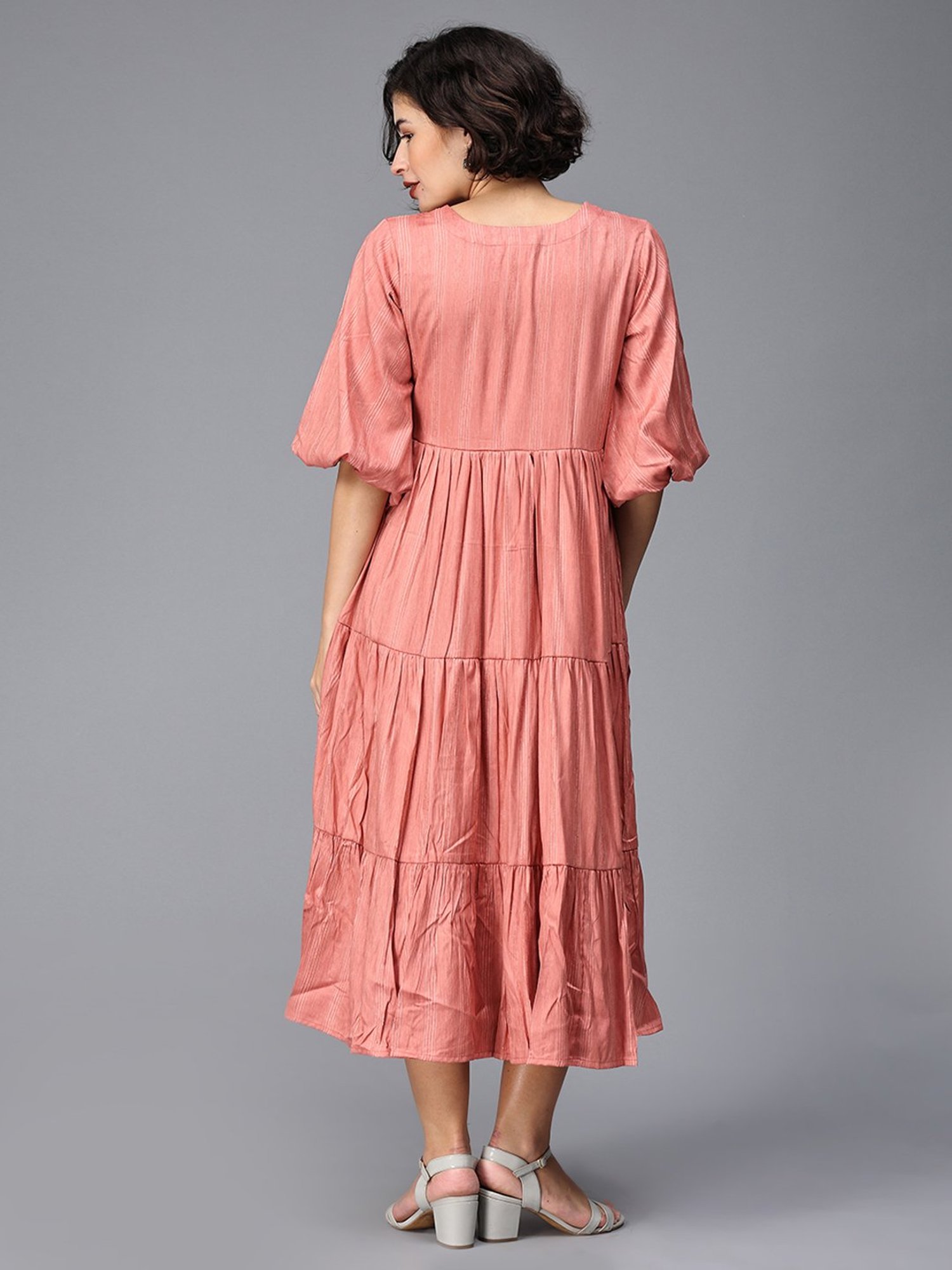 The Mom Store Peach Striped Maternity & Nursing Midi Tier Dress