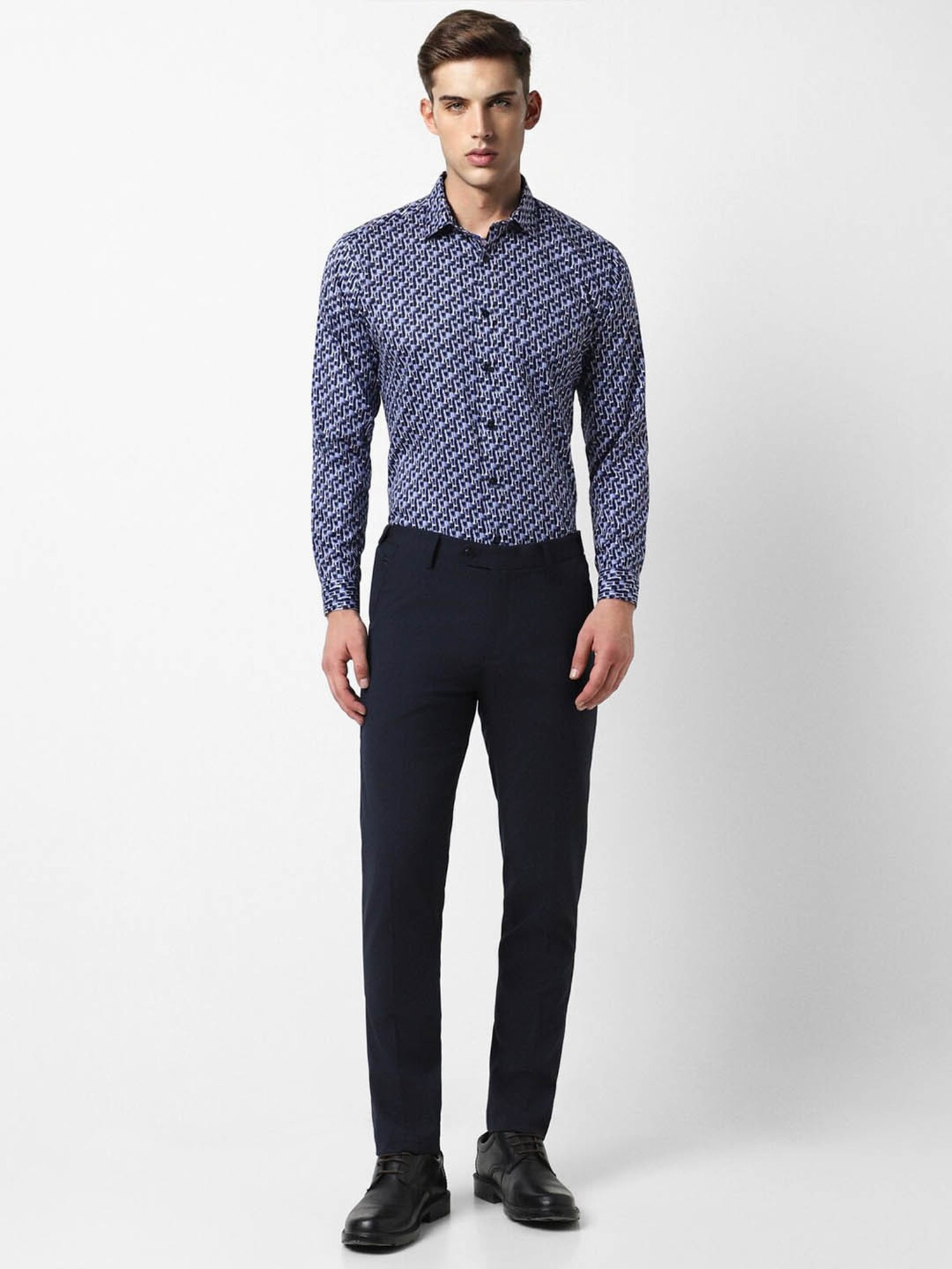 V Dot Mid Blue Slim Fit Printed Shirt