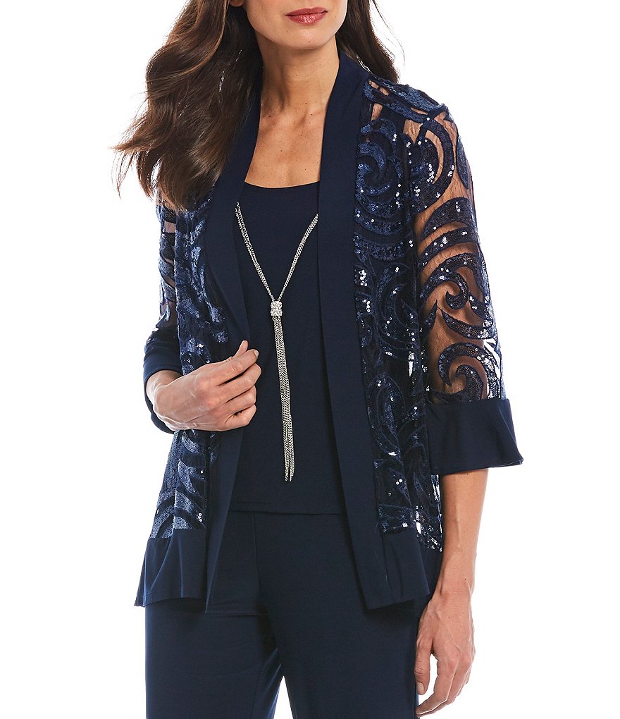 R & M Richards Swirl Sequin Jacket 2-Piece Pant Set