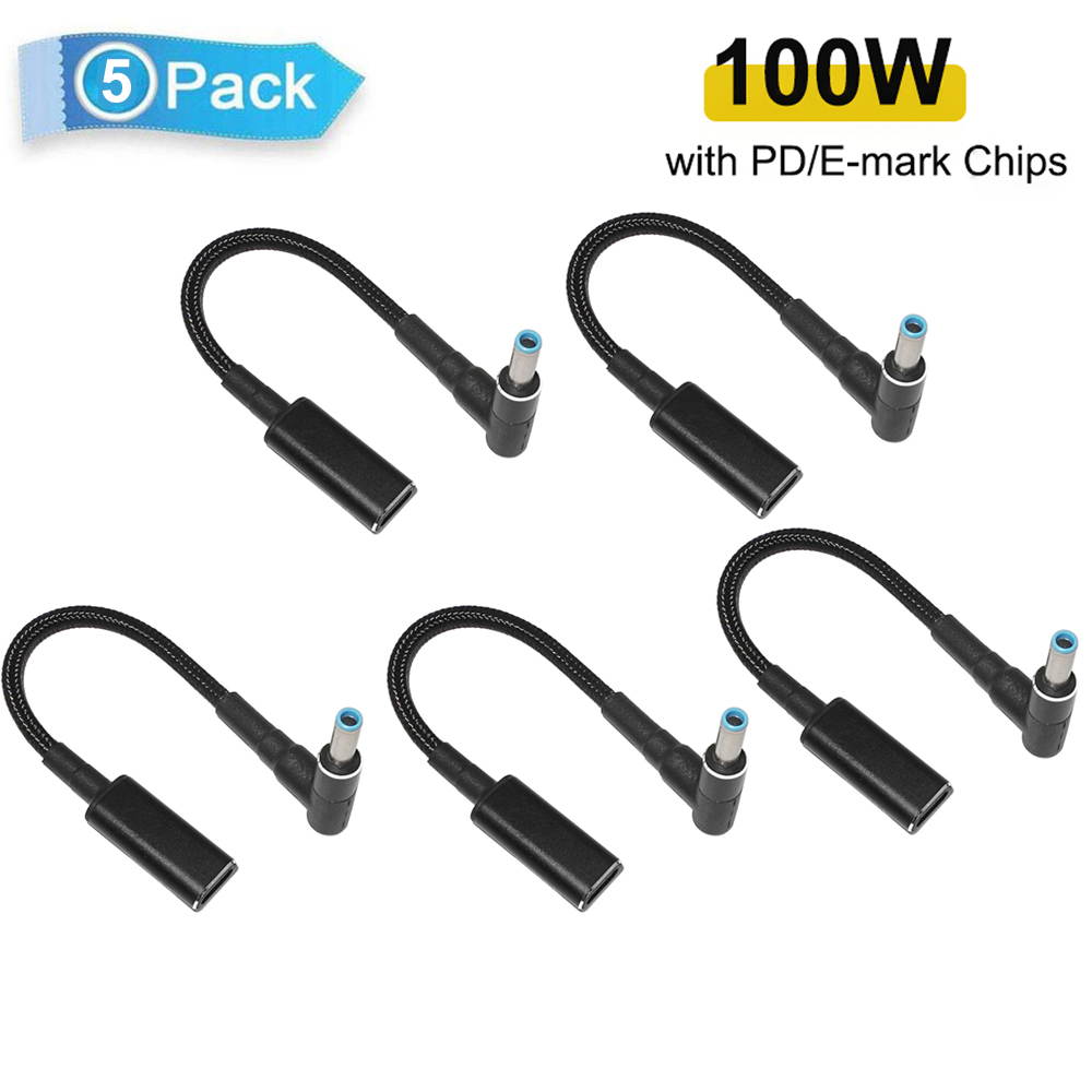 (5-Pack) 100W USB C Type C Female to 4.5x3.0mm DC Tip (Blue Tip) Adapter Cable PD Converter Cable for HP Laptop Notebook Chargers