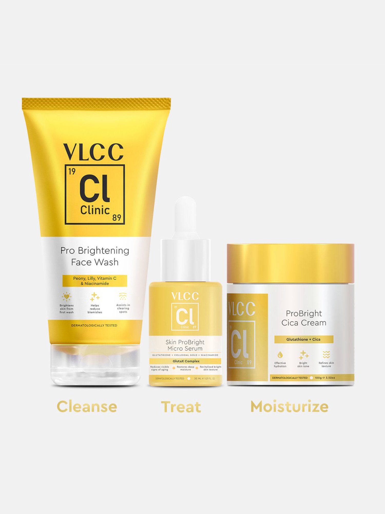 VLCC Clinic Pro Brightening Face Wash, Skin ProBright Micro Serum & ProBright Cica Cream Combo