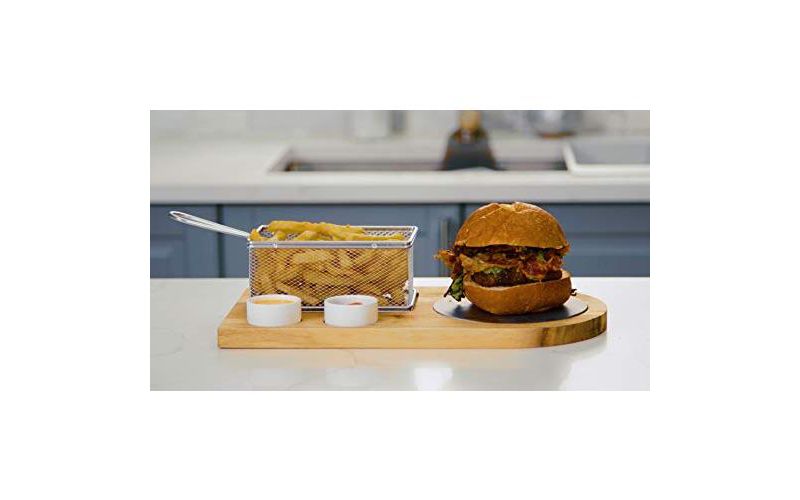 Yukon Glory Burger Board Set, Includes Premium Acacia Wood Board With Slate, Stainless Steel Fry Basket, Porcelain Condiment Cups