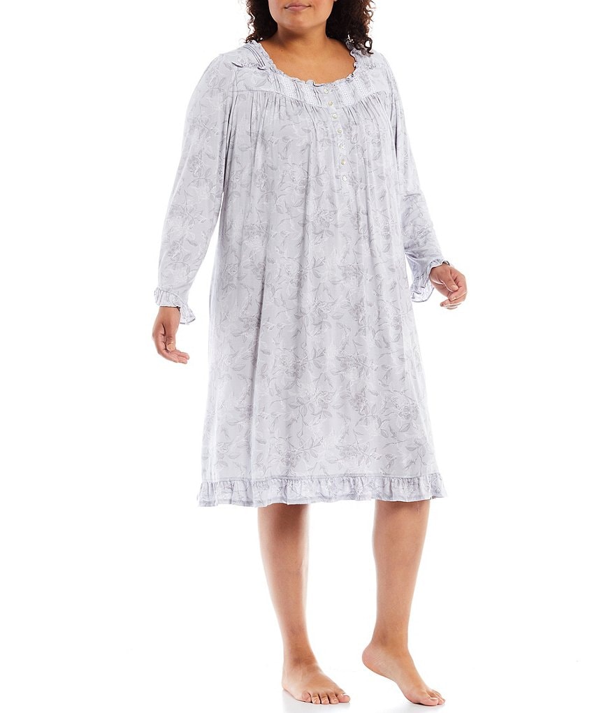 Eileen West Plus Floral Print Square Neck Long Sleeve Modal Waltz Nightgown