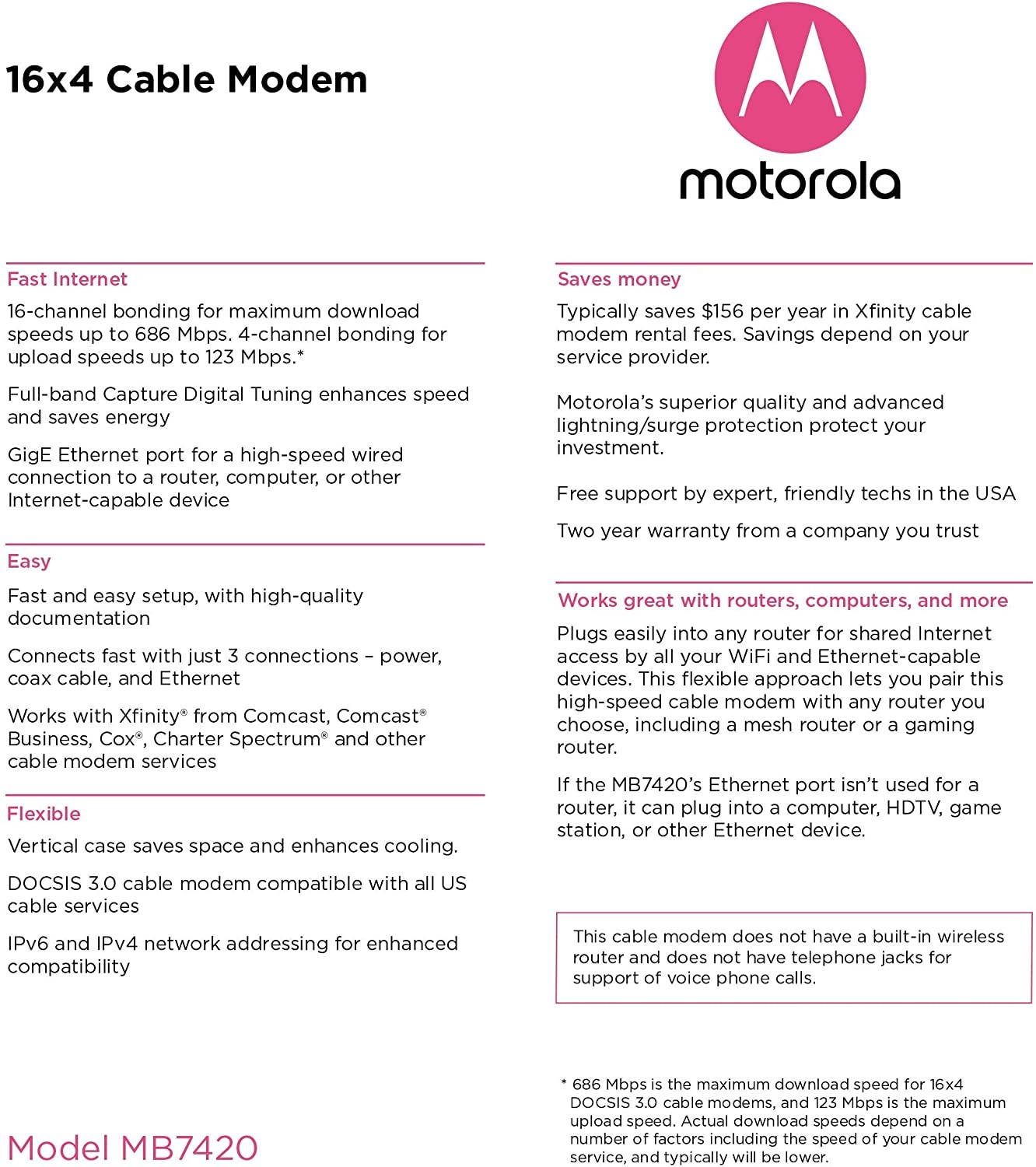 MOTOROLA 16x4 Cable Modem Model MB7420 686 Mbps DOCSIS 3.0 Certified by Comcast XFINITY Charter Spectrum Time Warner Cable Cox BrightHouse and More