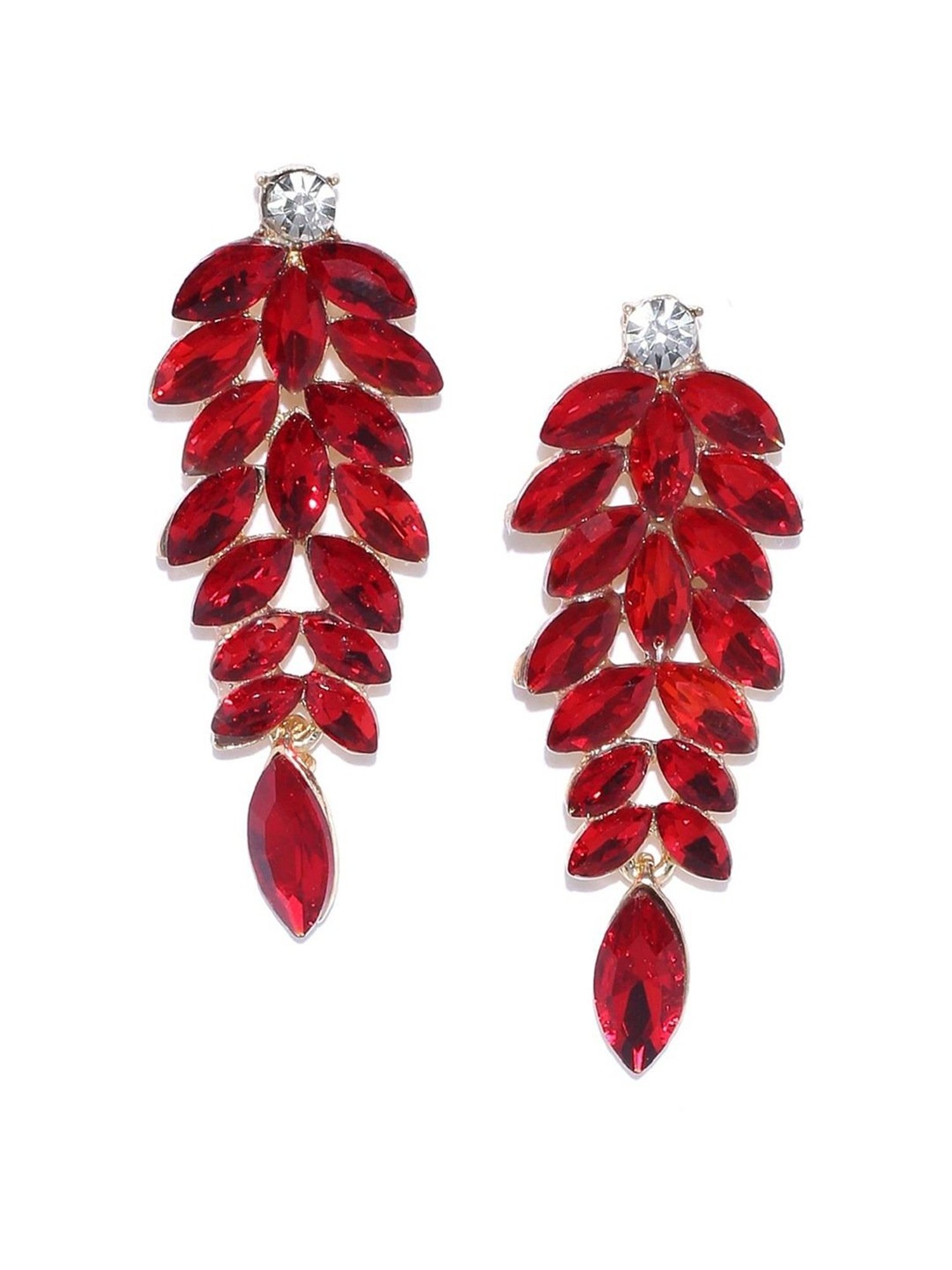 YouBella Red Gold-Plated Leaf-Shaped Stone-Studded Drop Earrings