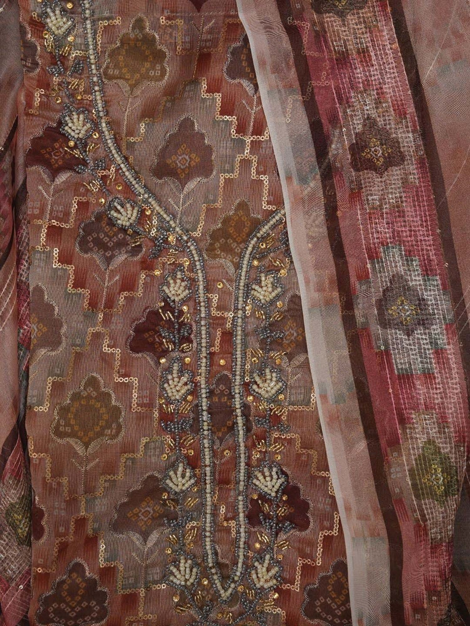 Jaipur Kurti Rust Embroidered Unstitched Dress Material