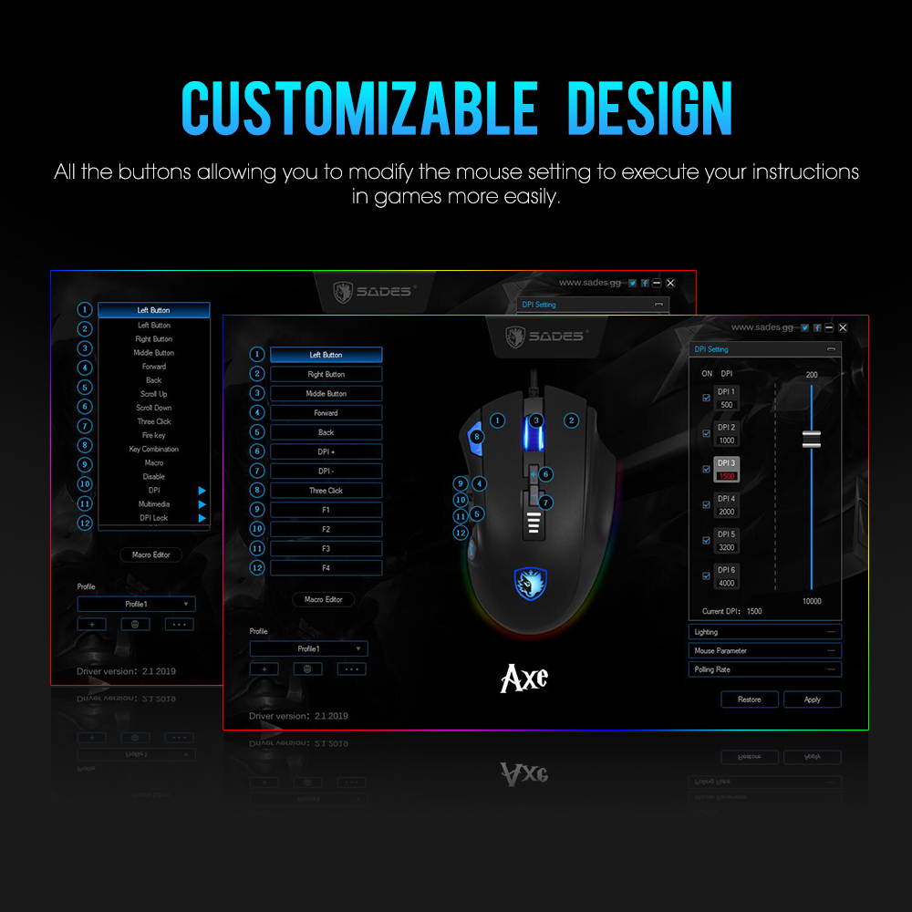 SADES Axe Gaming Mouse 10000 DPI Detachable Weight 12 Buttons Optical RGB Lighting  For FPS&MOBA Gamers