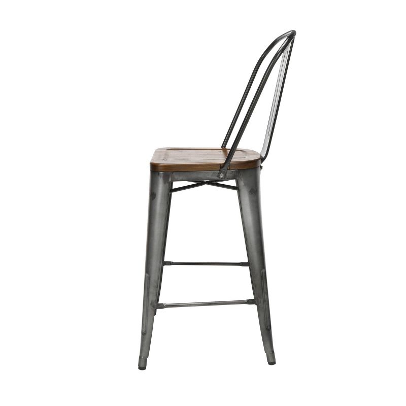 Set of 4 26" Industrial Modern High Back Galvanized Steel Counter Height Barstool with Solid Ash Wood Seats Gunmetal/Walnut - OFM