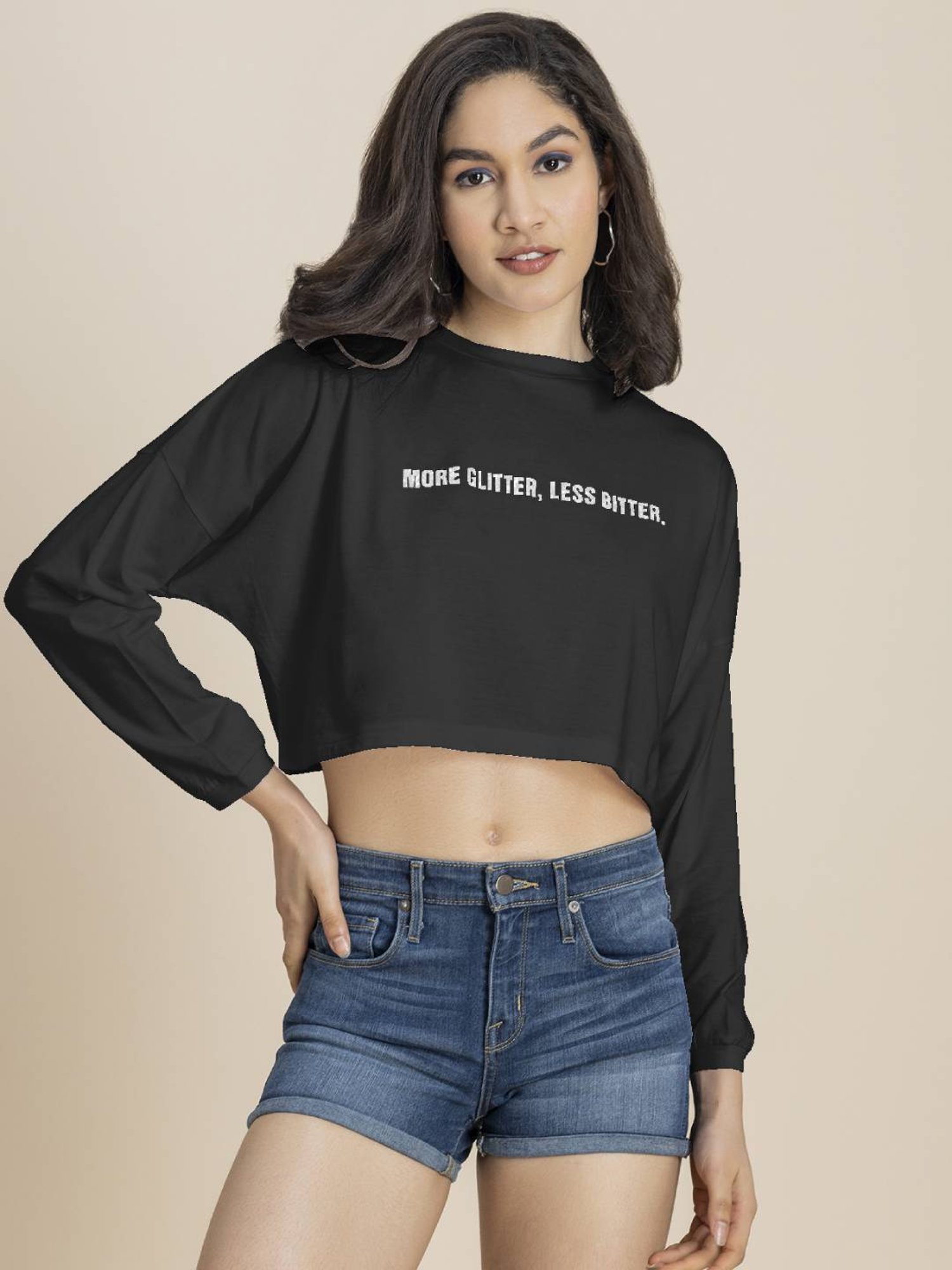 Moomaya Black Graphic Print Crop T-Shirt