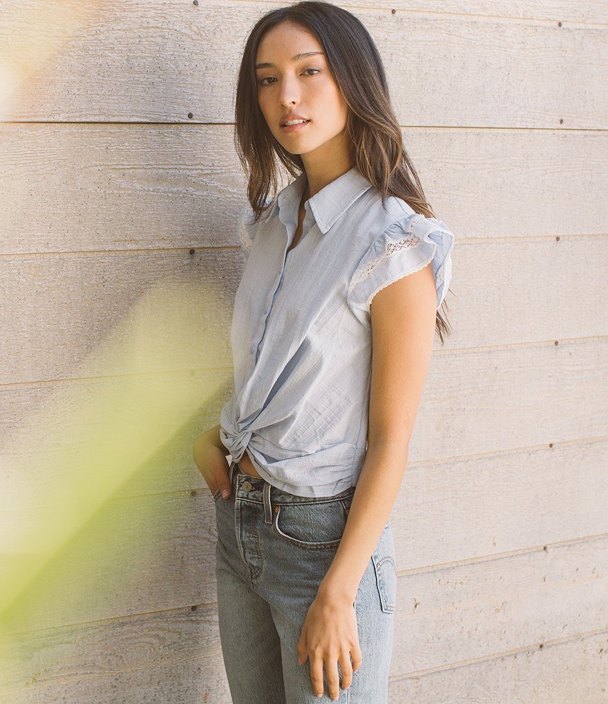 Shabby Chic Waverly Point Collar Lace Trim Ruffle Cap Sleeves Button Down Twist Front Hem Top