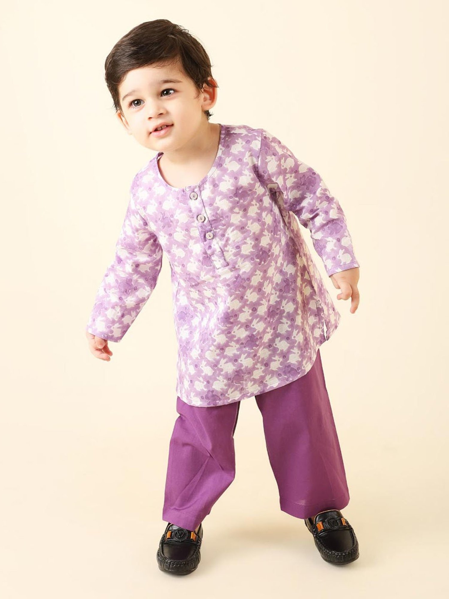 Fabindia Kids Purple & White Printed Full Sleeves Kurta with Pyjamas