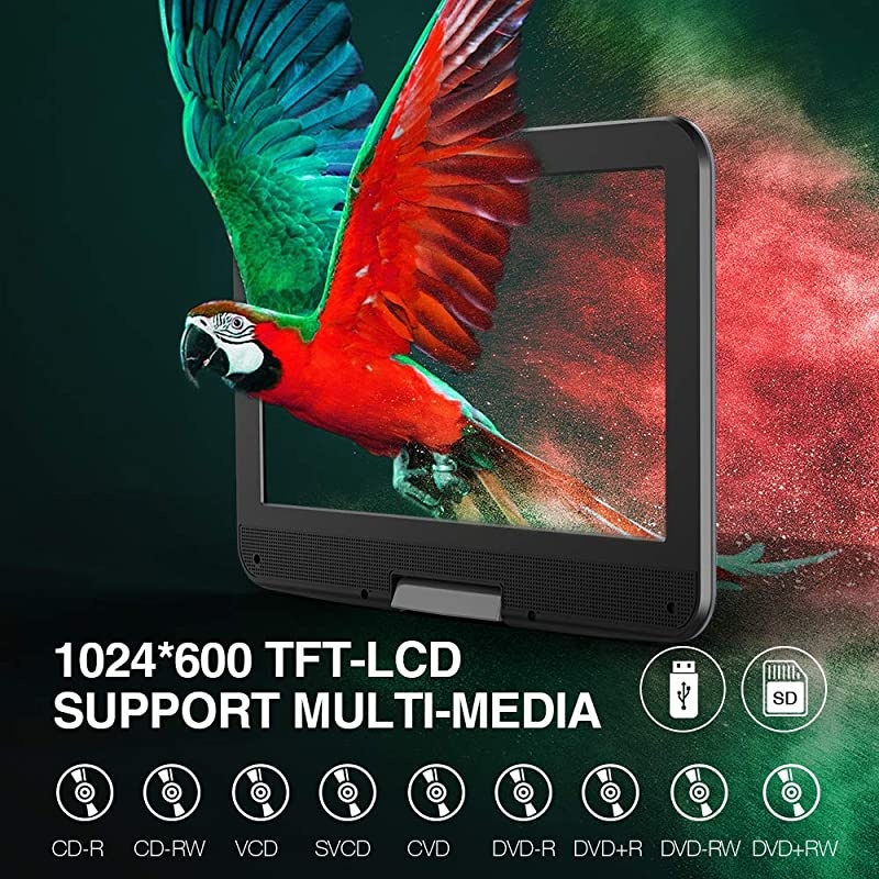 12 Portable DVD Player with 5Hour Rechargeable Battery 10 Swivel Display Screen SD Card Slot and USB Port with 18 Meter Car Charger and Power Adaptor Region Free Blue