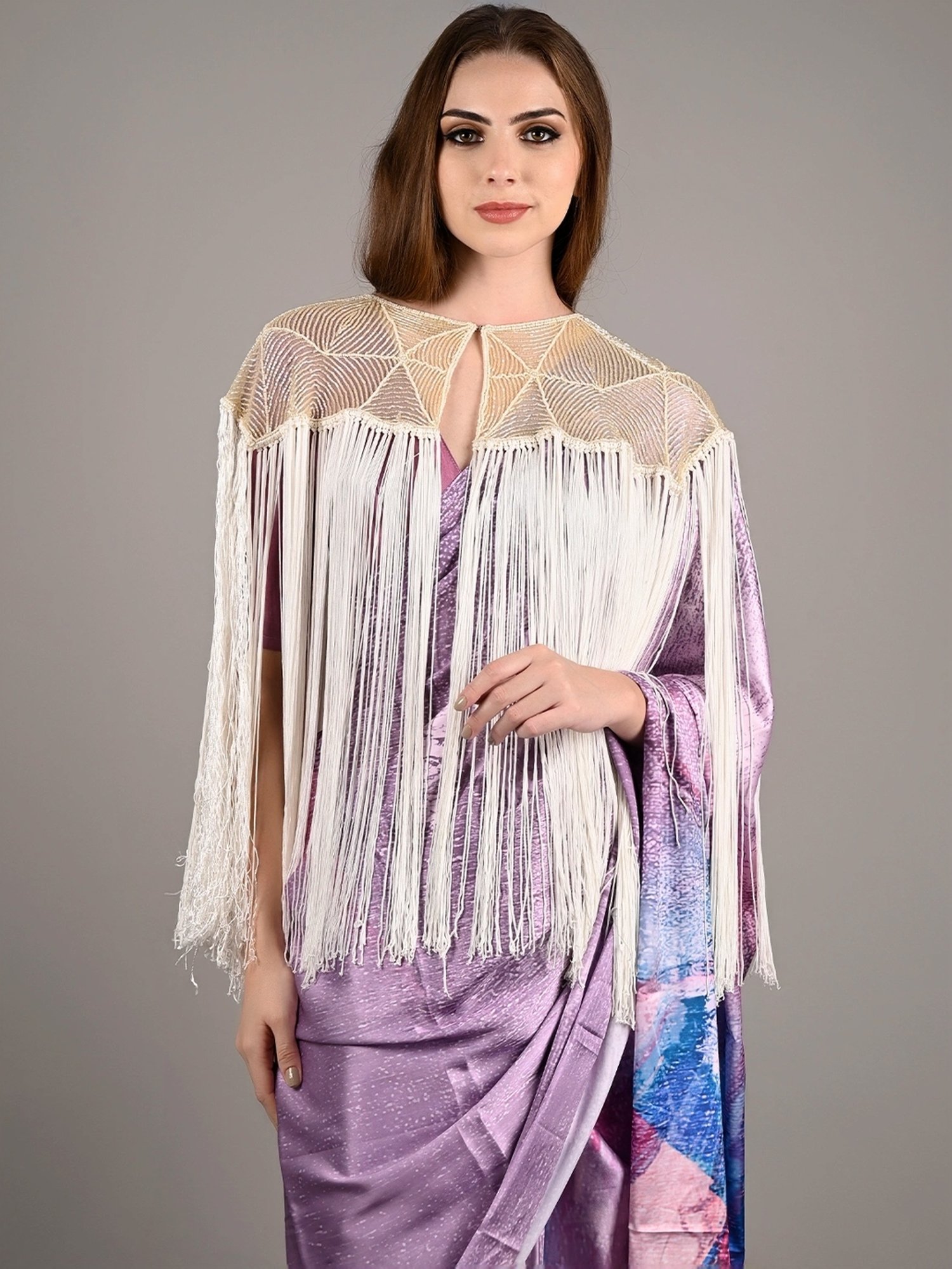 Odette White Embellished Fancy Cape