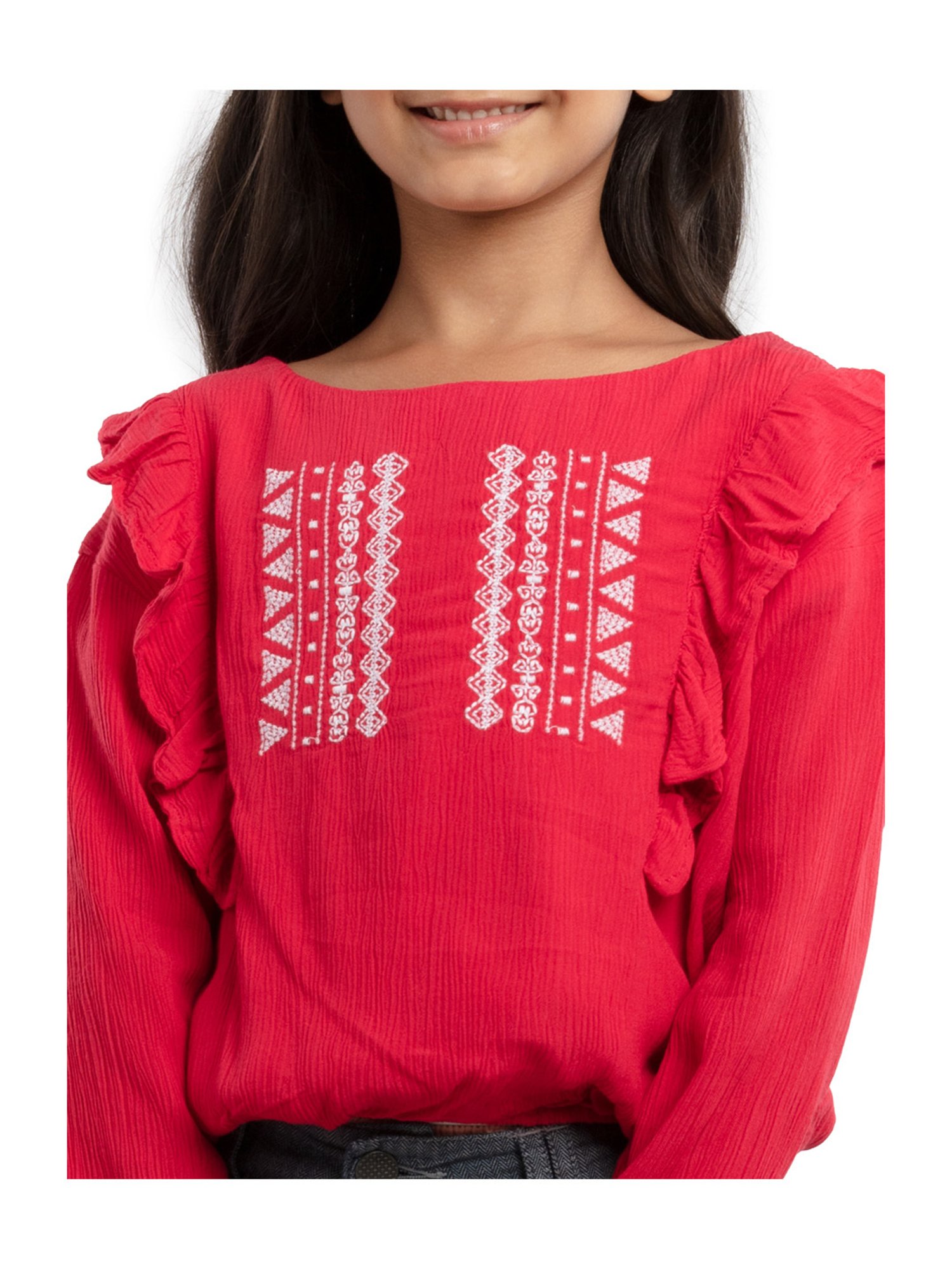Under Fourteen Only Kids Red & White Embroidered Full Sleeves Top