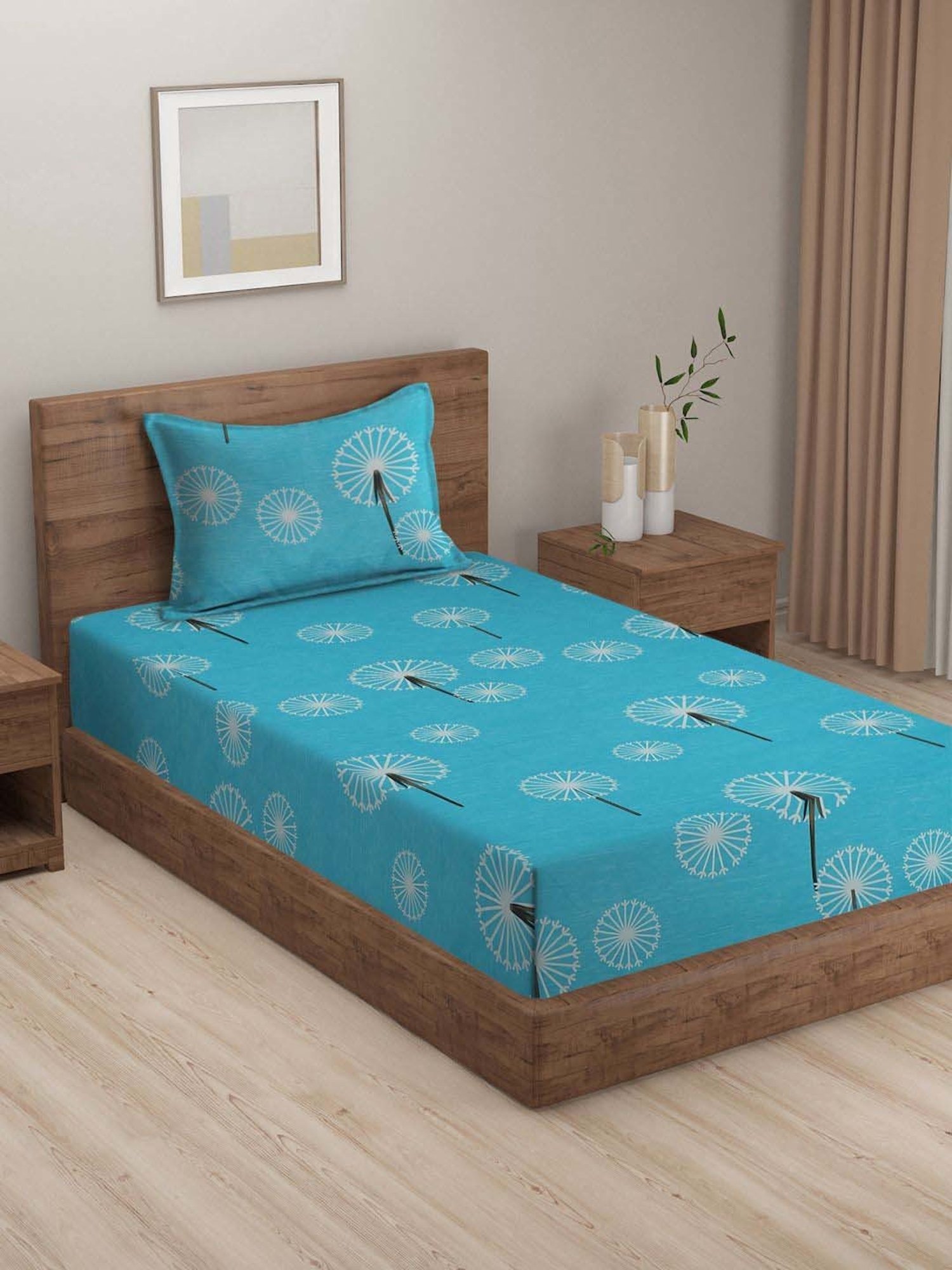 HOSTA HOMES Cyan Cotton 280 TC Single Bedsheet with 1 Pillow cover