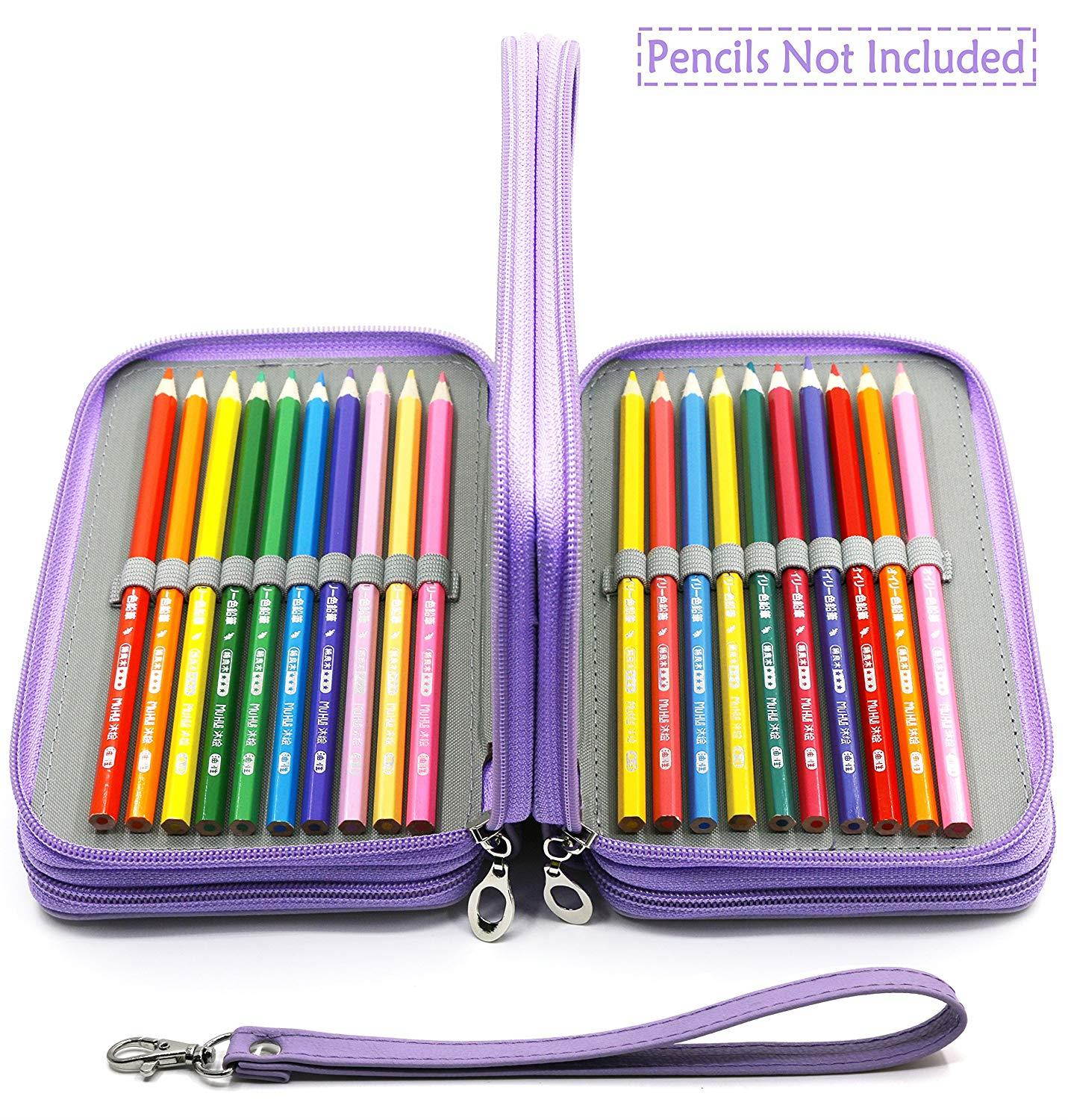 YOUSHARES 72 Slots Pencil Case - PU Leather Handy Multi-layer Large Zipper Pen Bag with Handle Strap for Colored/Watercolor Pencil (Purple)