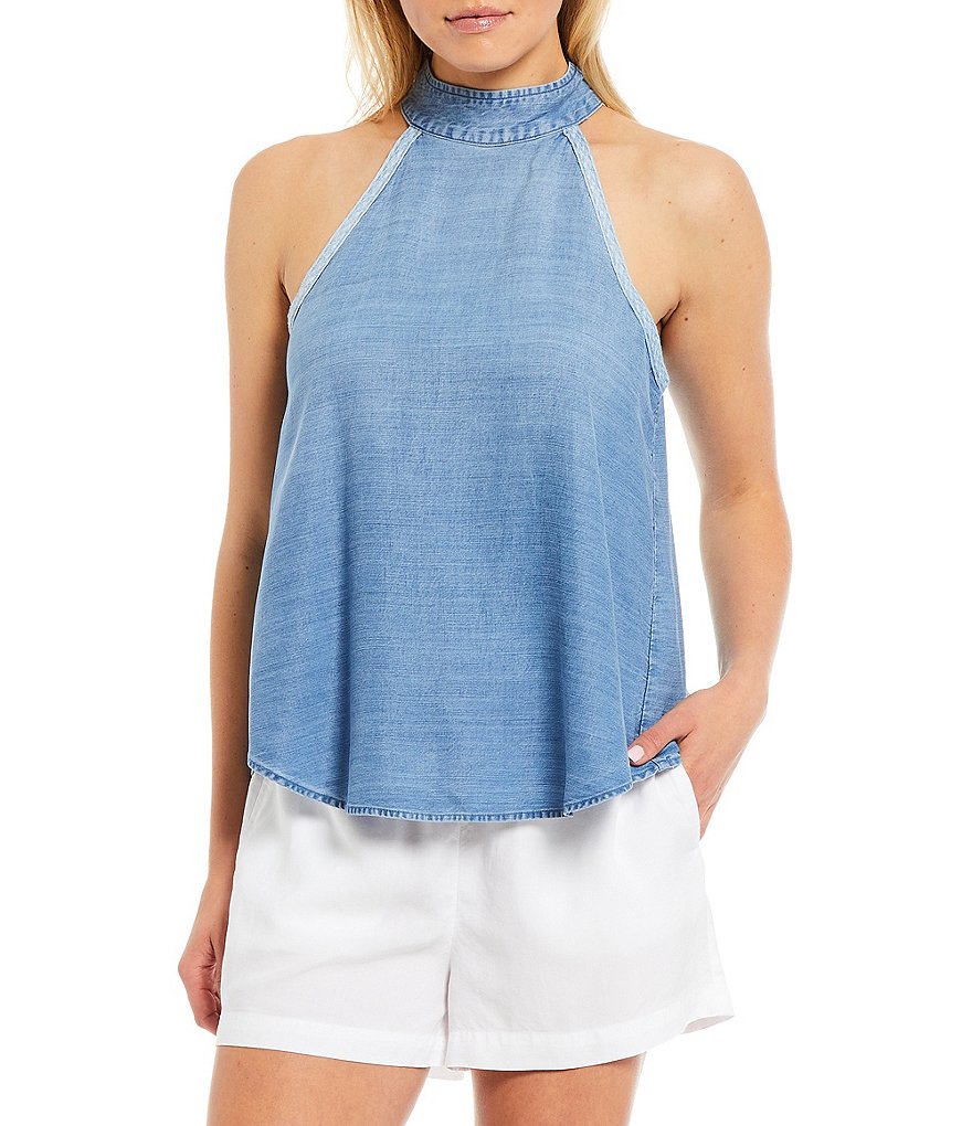 Chelsea & Violet Chambray Mock Neck Sleeveless Top