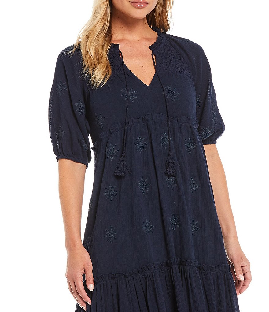 Reba Eyelet Embroidery Cotton Crinkle Peasant Volume Dress