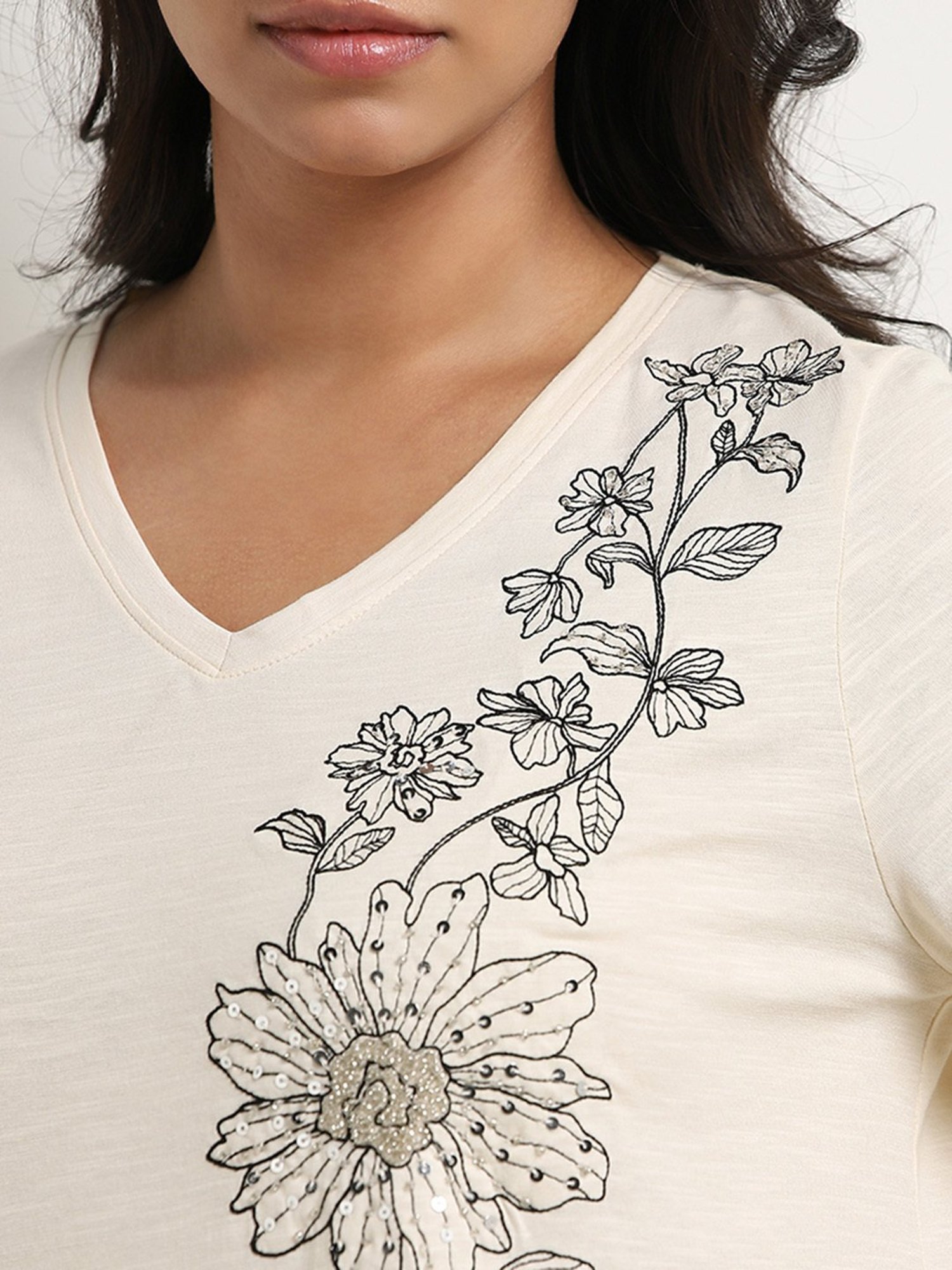 Gia by Westside Cream Floral Embroidered Cotton T-Shirt
