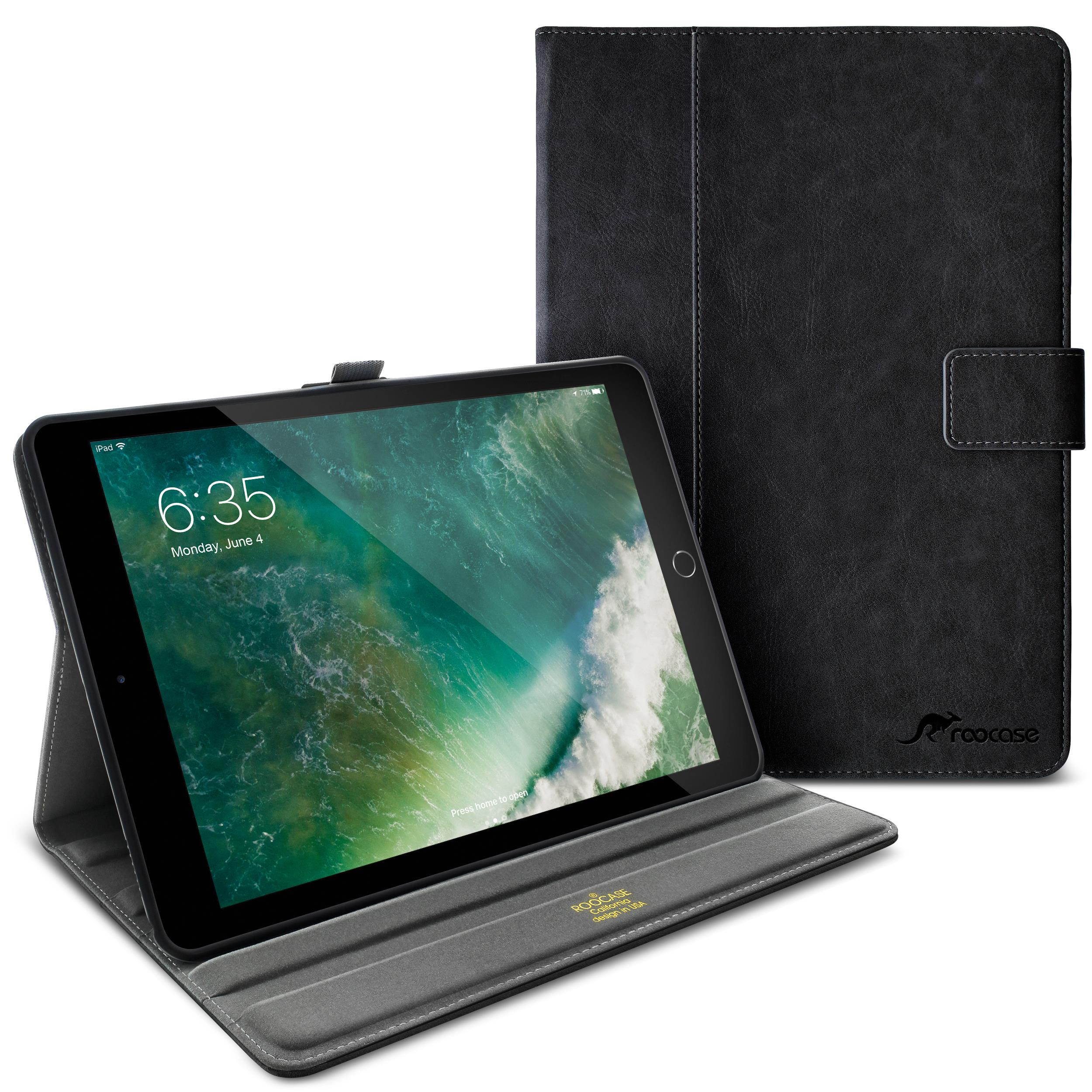 roocase ipad 9.7 2018/2017 case, premium leather folio case with apple pencil holder, multiangle viewing stand, smart cover auto sleep/wake function for apple ipad 9.7inch 2017/2018, black