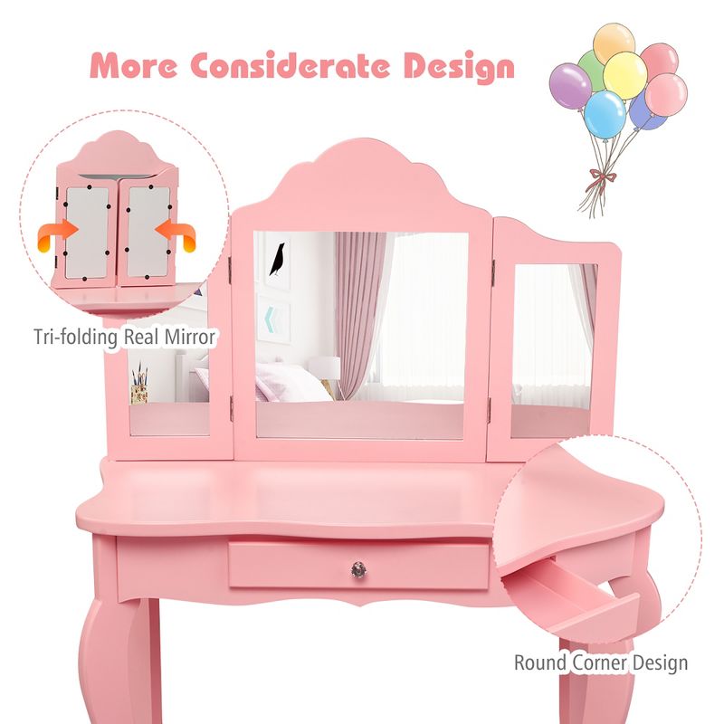 Costway Kids Vanity Table & Stool Princess Dressing Make Up Play Set for Girls Pink