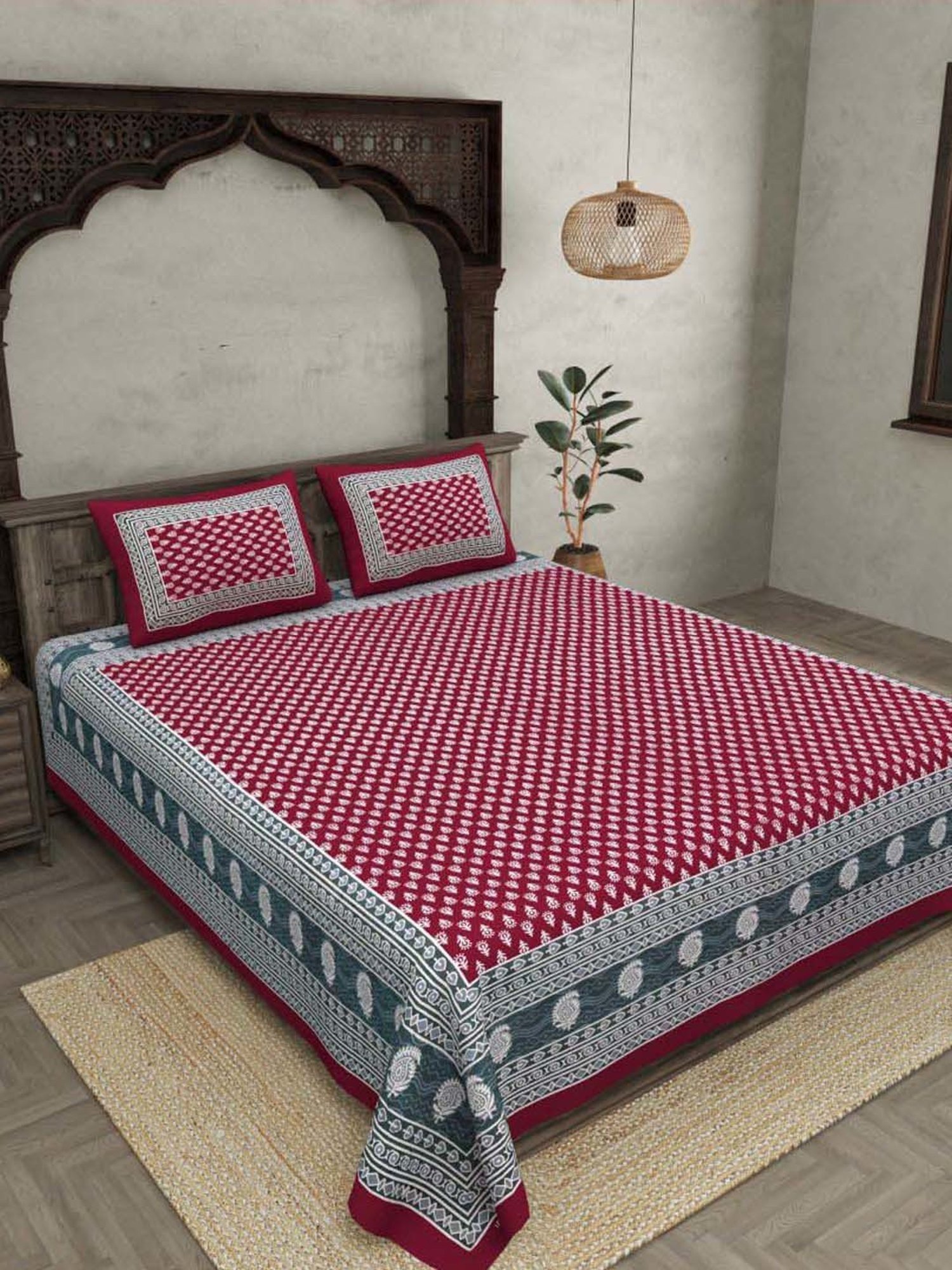 JaipurFabric Maroon 100% Pure Cotton 120 TC Double Bedsheet with 2 Pillow Covers