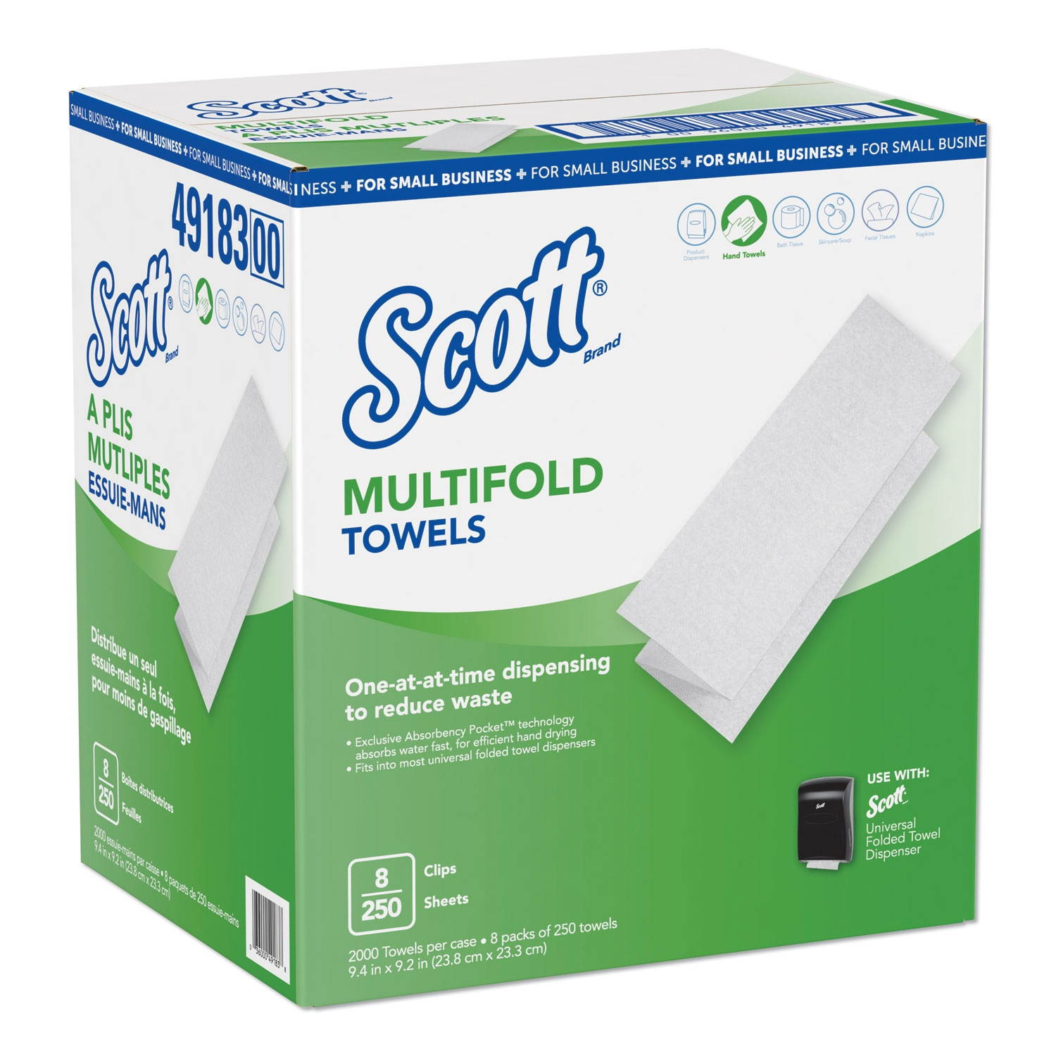 Scott Multi-Fold Paper Towels 9.2 x 9.4 White 250/Pack 8 Packs/Carton 49183