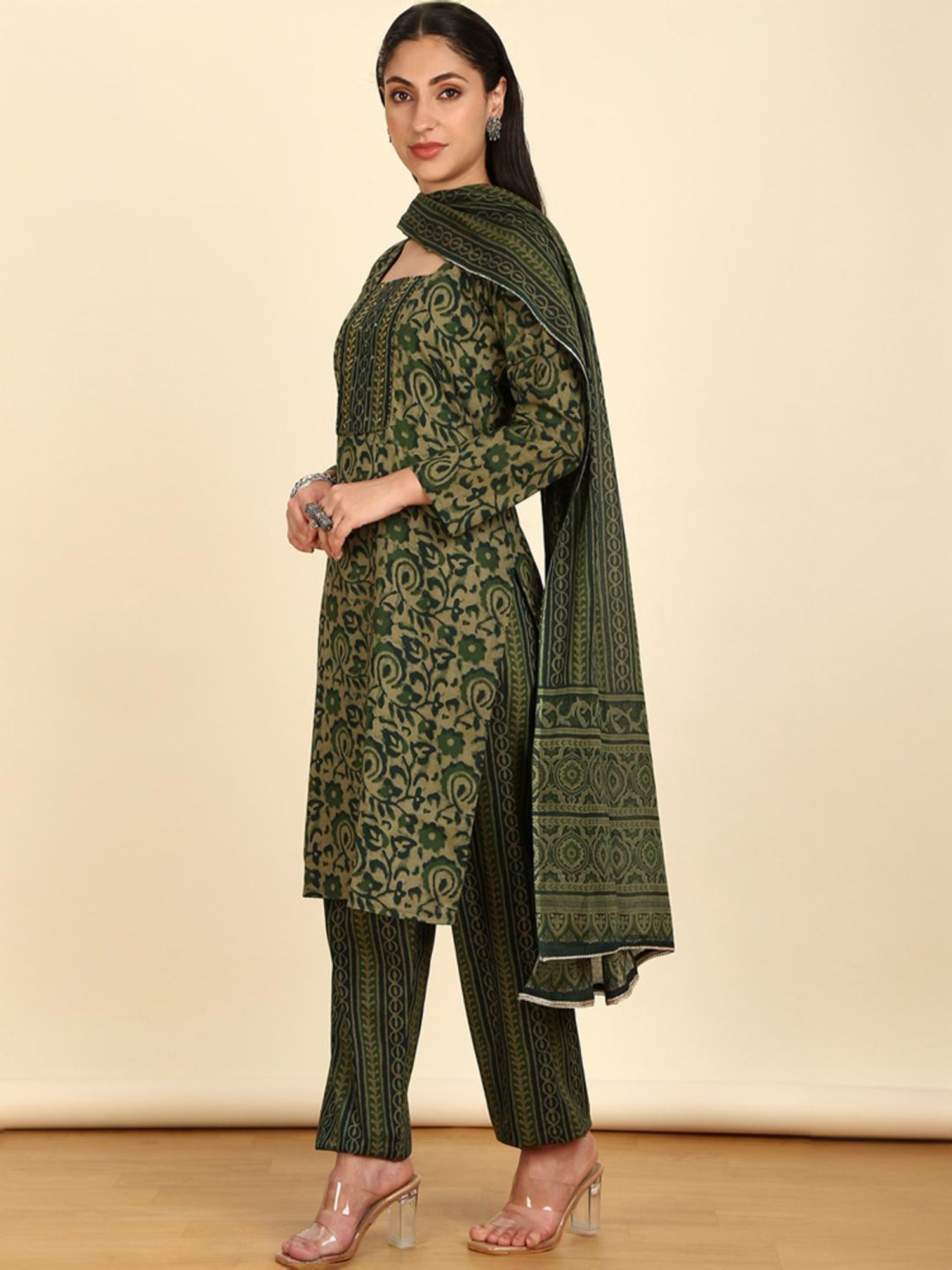 Soch Womens Olive Cotton Floral Print Unstitch Dress Material With Zari