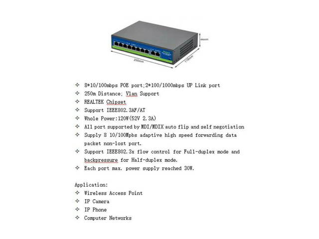 8 Port Fast Ethernet PoE Switch | 8 PoE Ports @120W, with 2 Uplink Ports | Plug & Play | Extend Mode | Priority Mode (Hi-F0820FBL-A)
