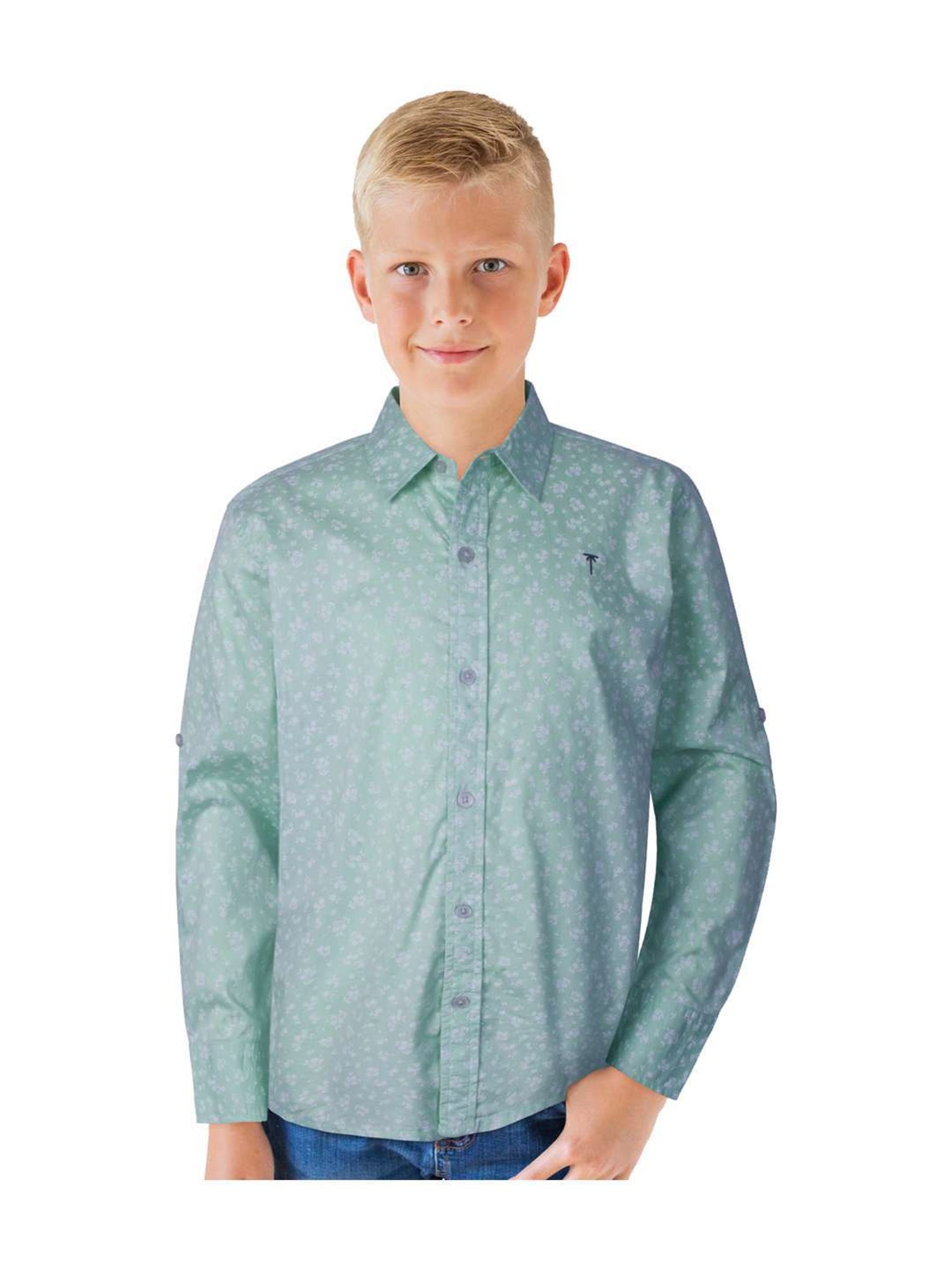 Palm Tree Kids Blue Cotton Printed Full Sleeves Shirt