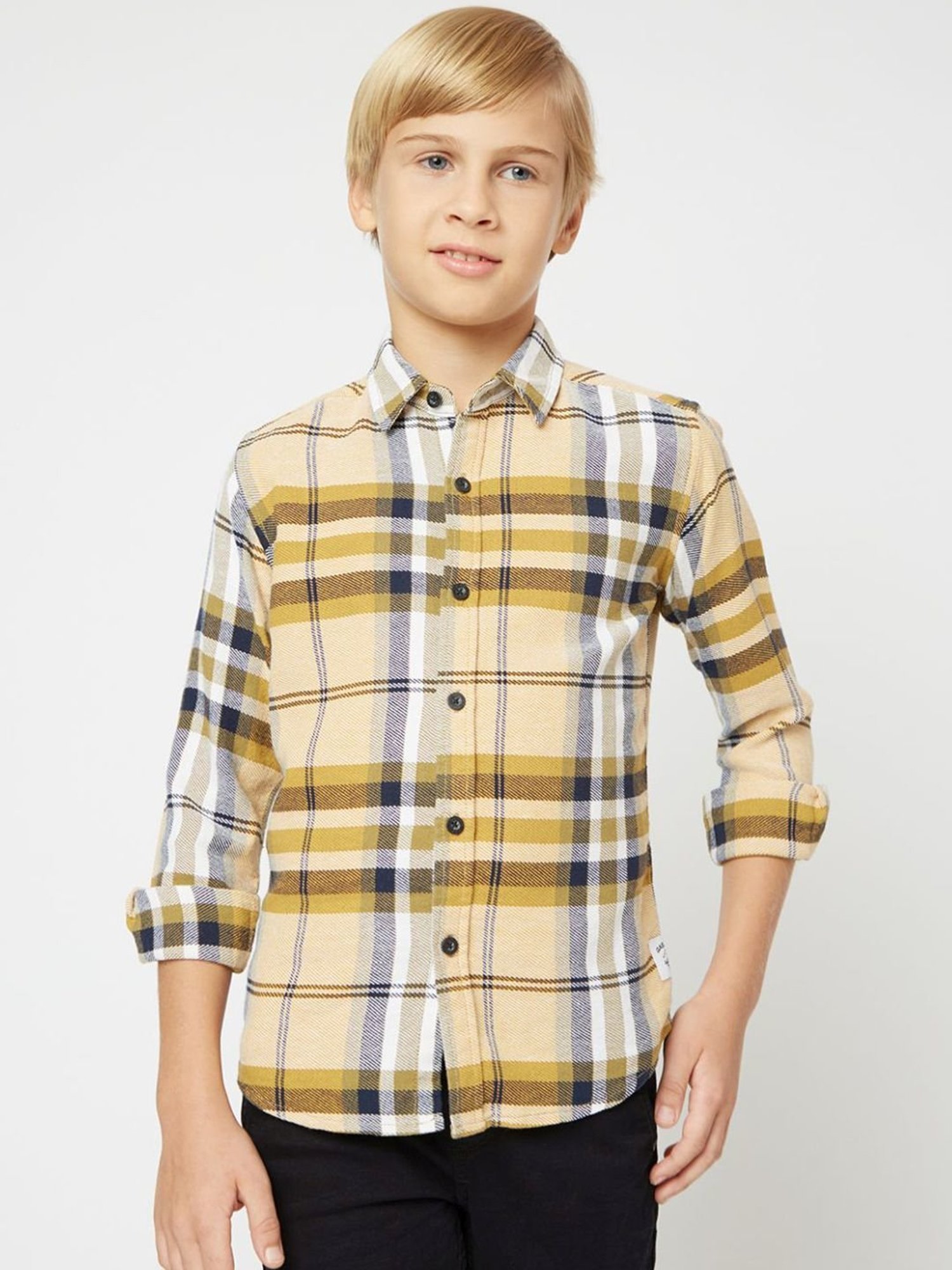 GAS Kids Yellow Cotton Chequered Full Sleeves Shirt