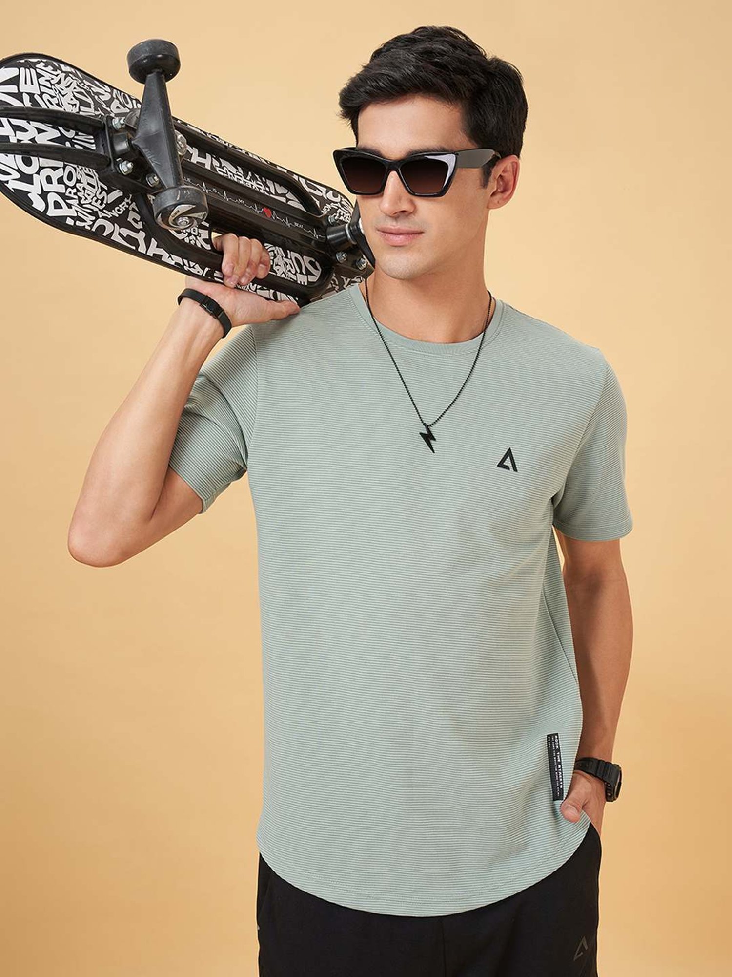 Street 808 By Pantaloons Sage Green Regular Fit Texture T-Shirt