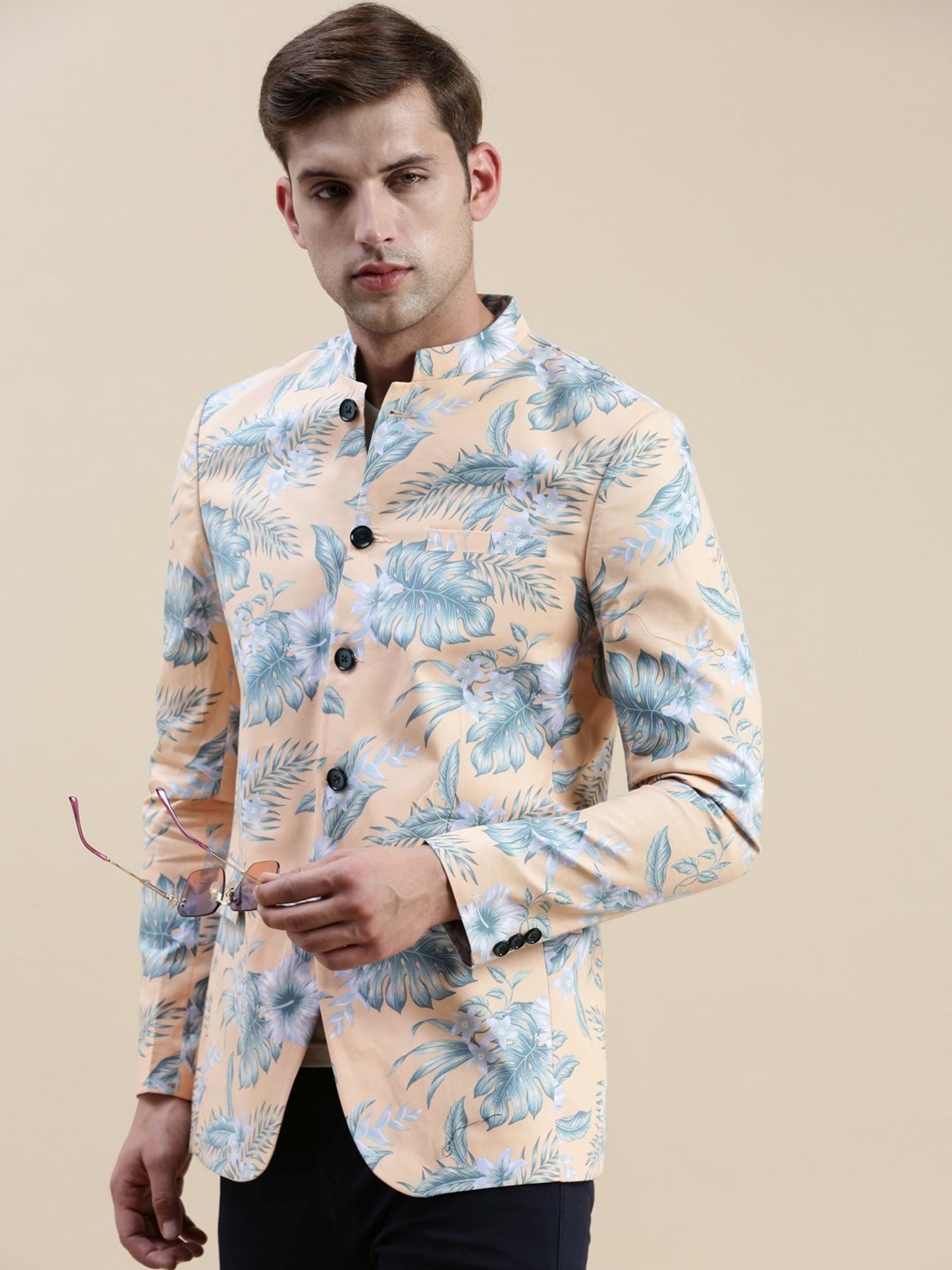SHOWOFF Coral Cotton Slim Fit Printed Blazer