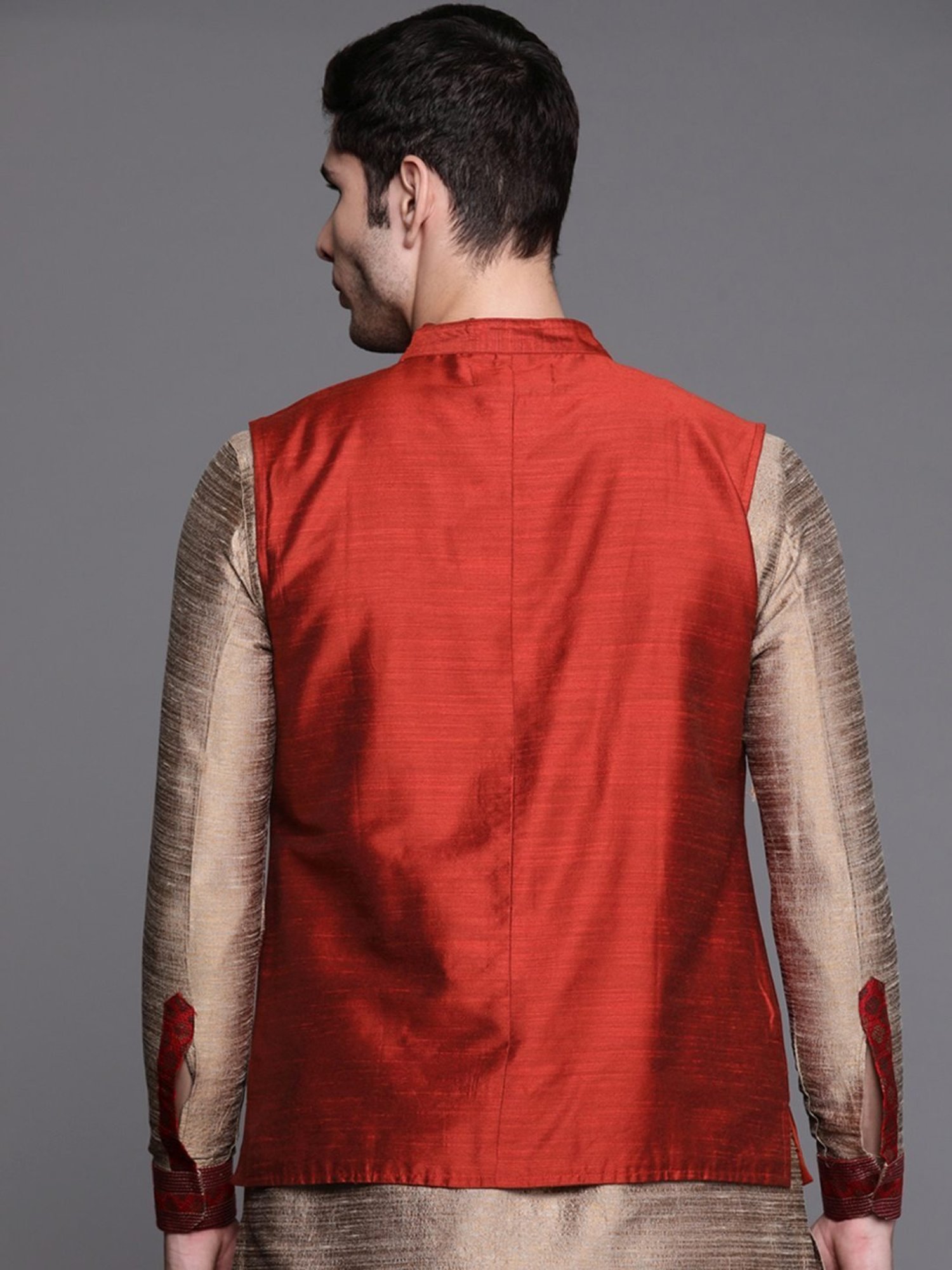 Indo Era Orange Cotton Regular Fit Nehru Jacket