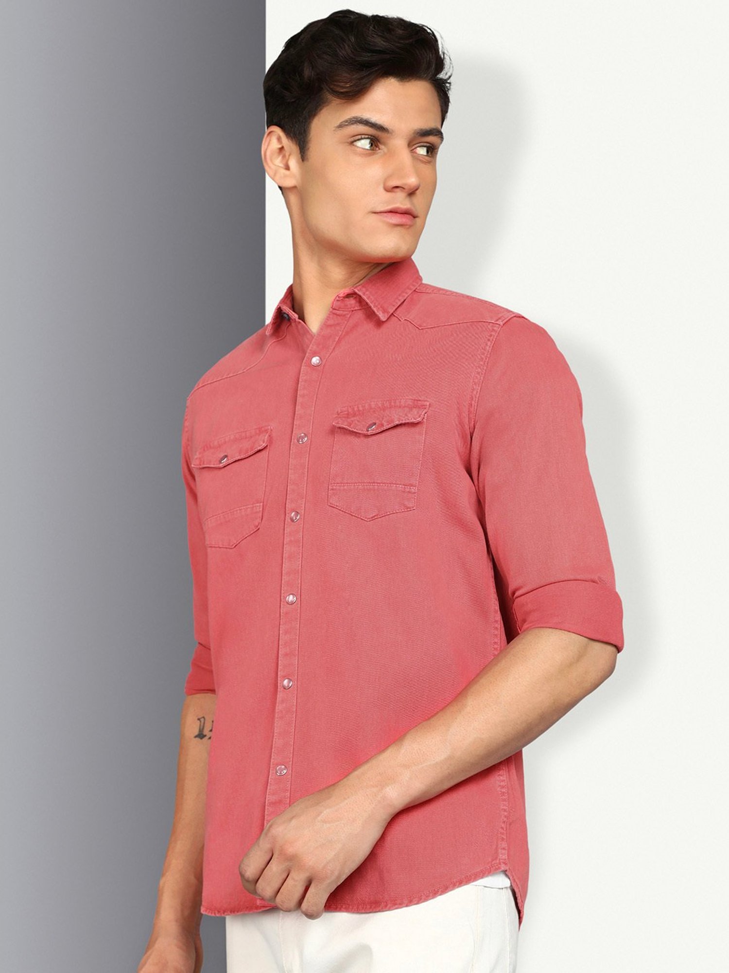 Kuons Avenue Dusty Pink Slim Fit Denim Shirt