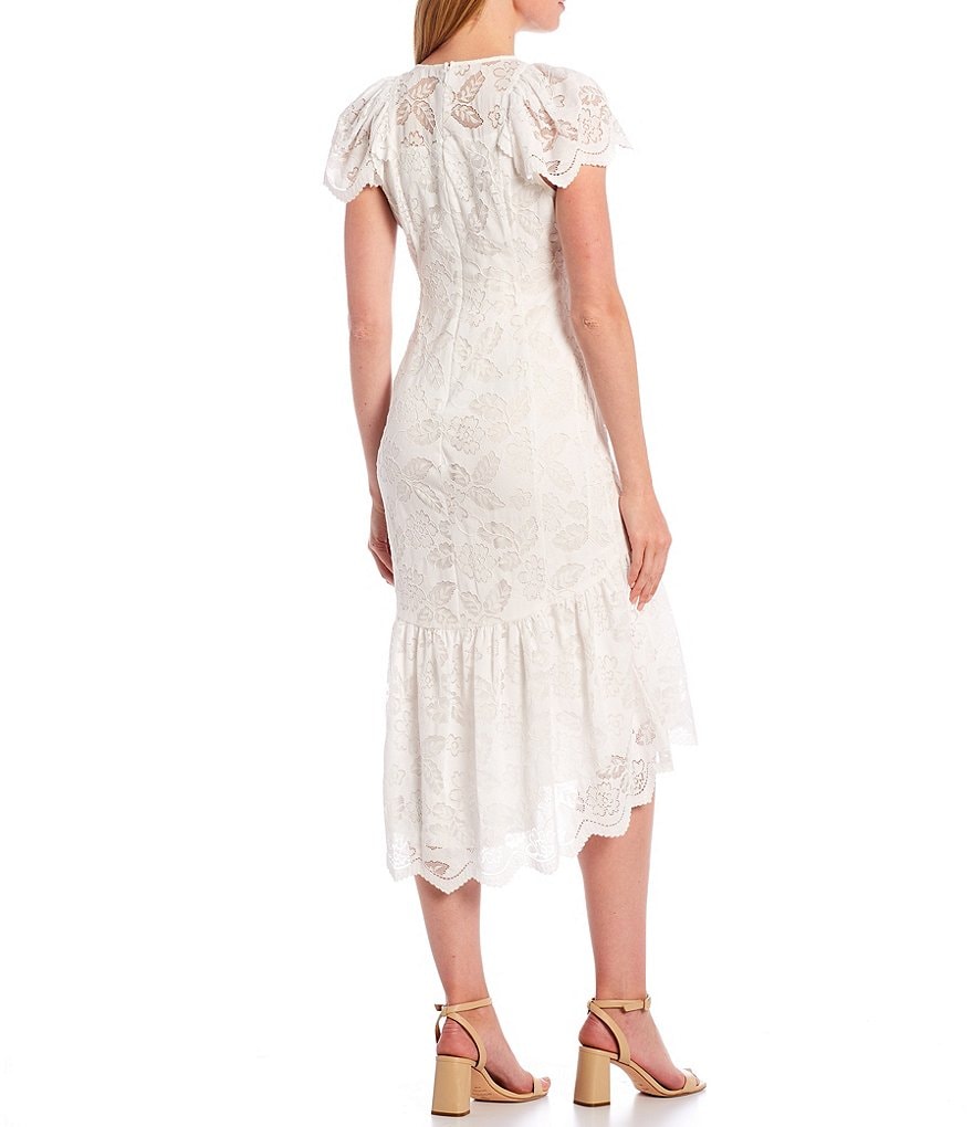Calvin Klein Crew Neck Cap Sleeve Ruffle Hem Lace Midi Dress