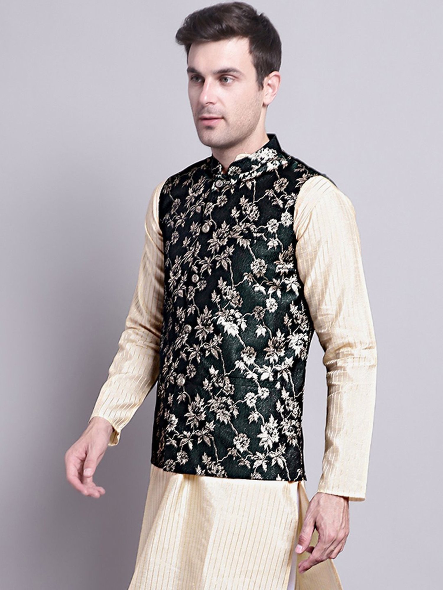 Jompers Dark Olive Regular Fit Printed Nehru Jacket
