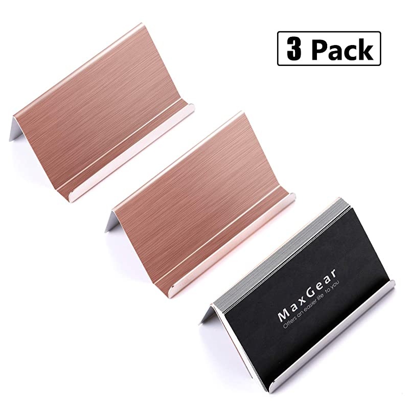 Business Card Holder for Desk Business Card Display Holders Metal Business Cards Stand Desktop Name Card Organizer, Capacity: 50 Cards, 3 Pack, Rose Gold, Brushed Stainless Steel