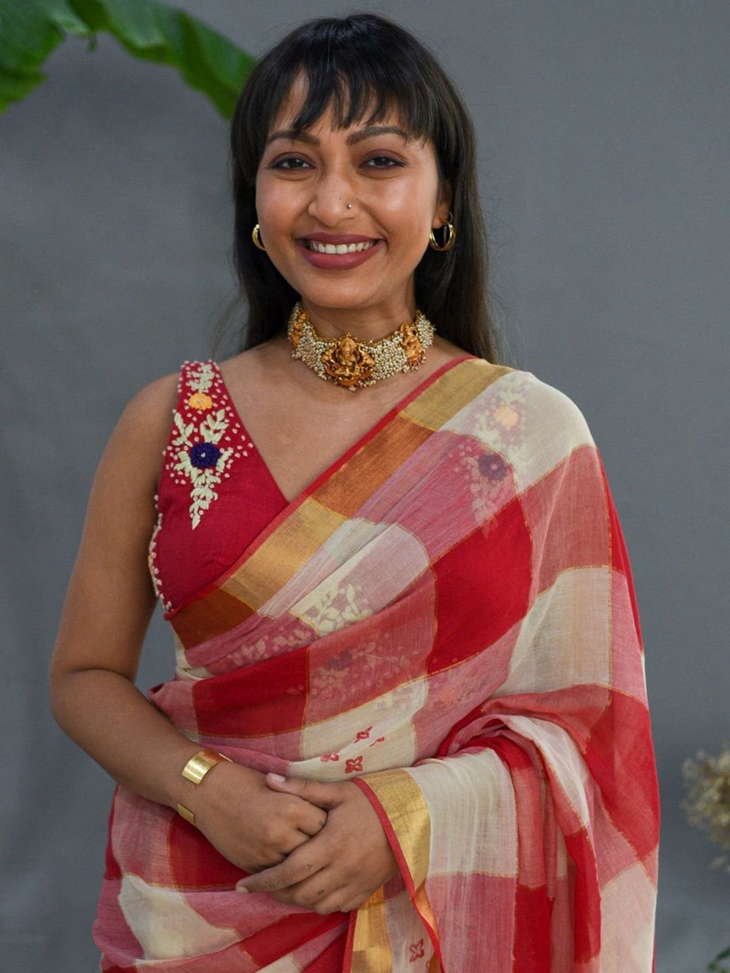 Suta Red & White Cotton Chequered Saree Without Blouse