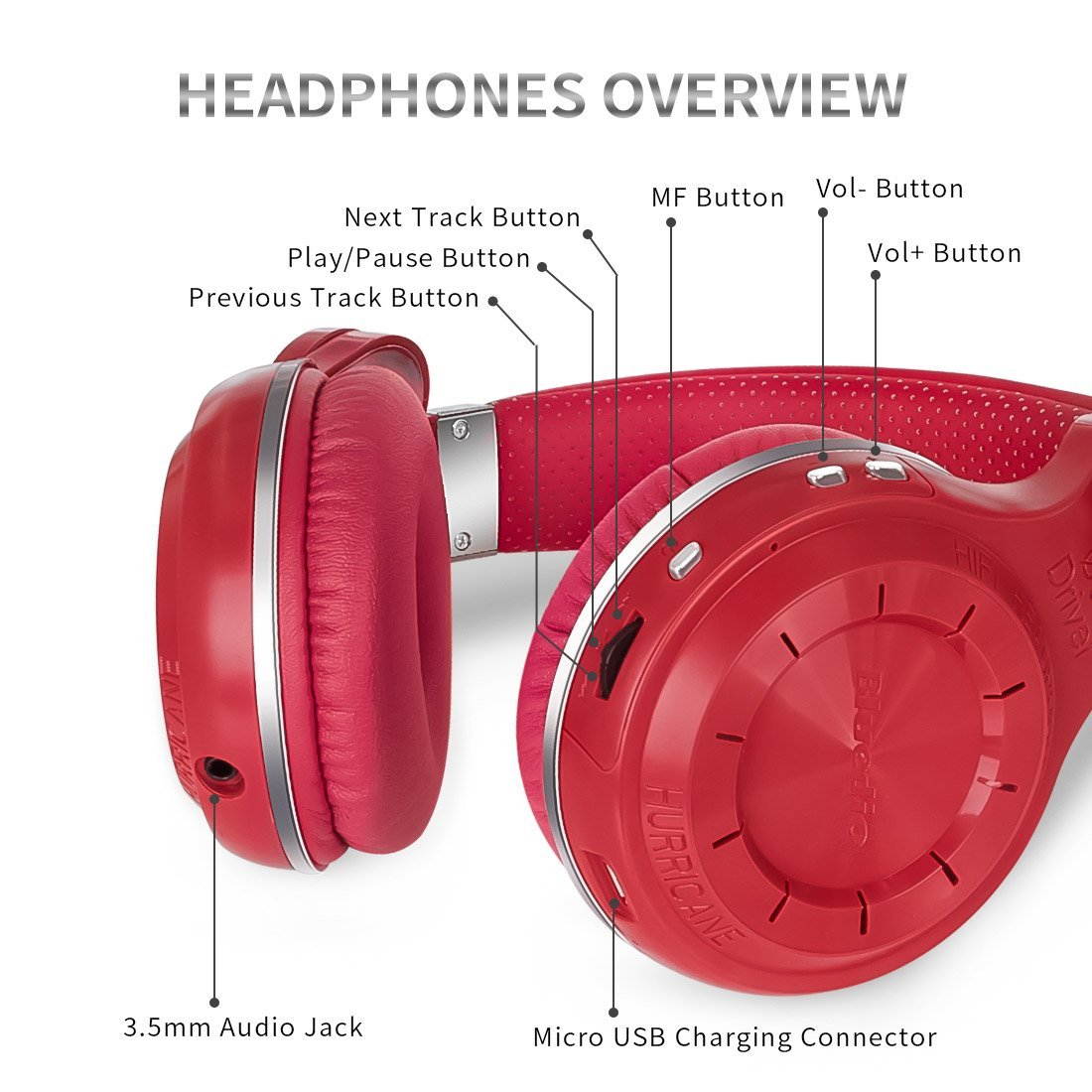 Bluedio T2s Turbine Bluetooth Wireless Stereo Headphones with Microphone 57mm Drivers Rotary Folding(Red)