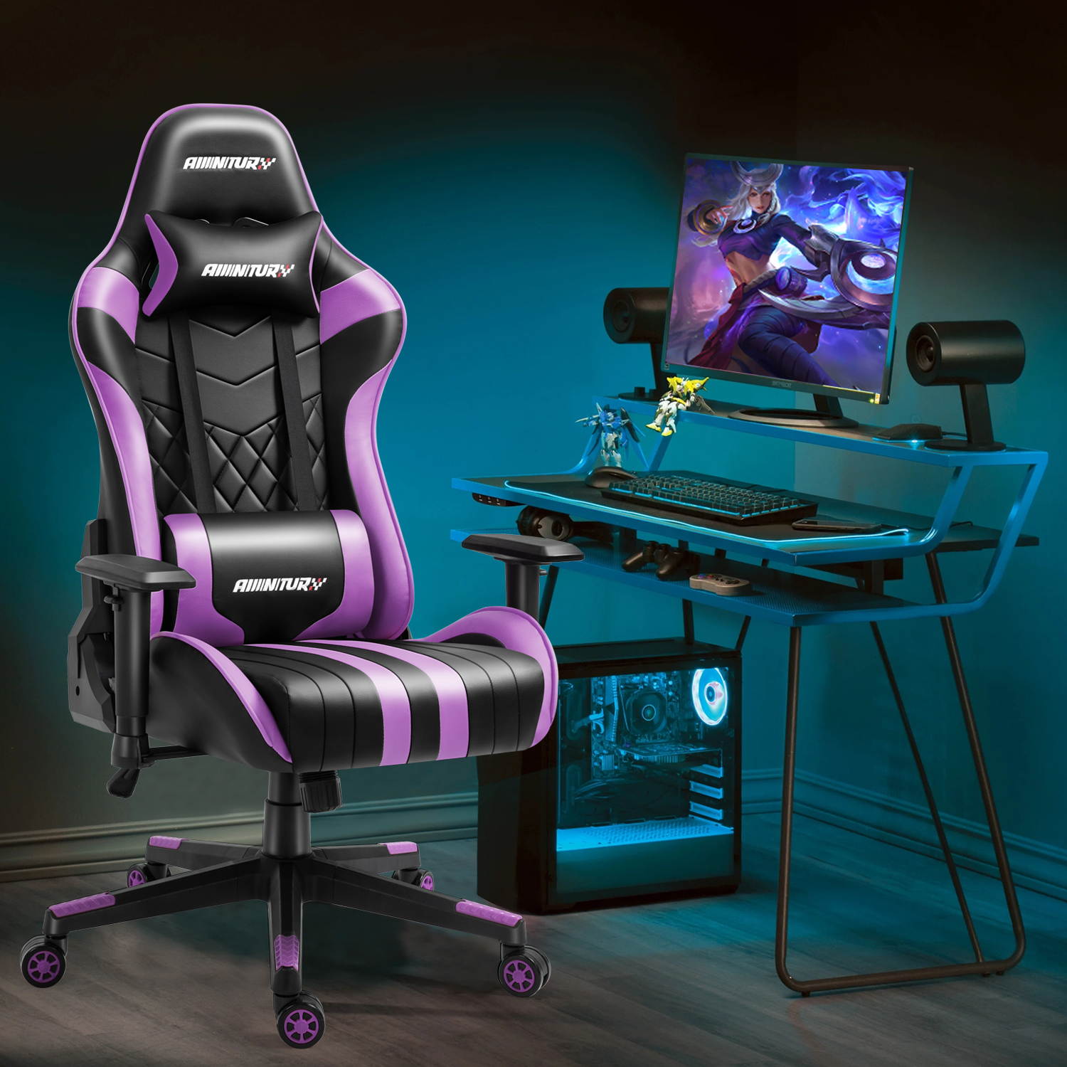 AMINITURE Gaming Chair Racing Style Ergonomic Computer Games Chairs Adjustable Armrest High Back PC Office Desk Chair Swivel Task Chair