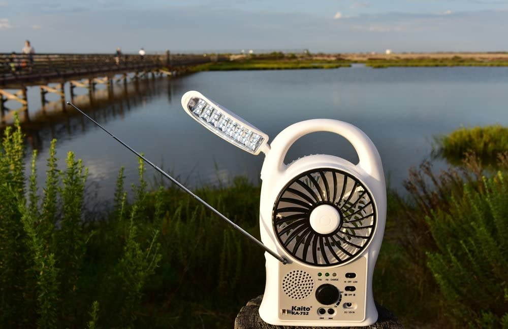 Kaito Portable Electric Fan 3-in-1 KA752 Rechargeable 5" 2-Speed Battery-Powered Personal Fan with Scan FM Radio & 24-LED Camping Lantern