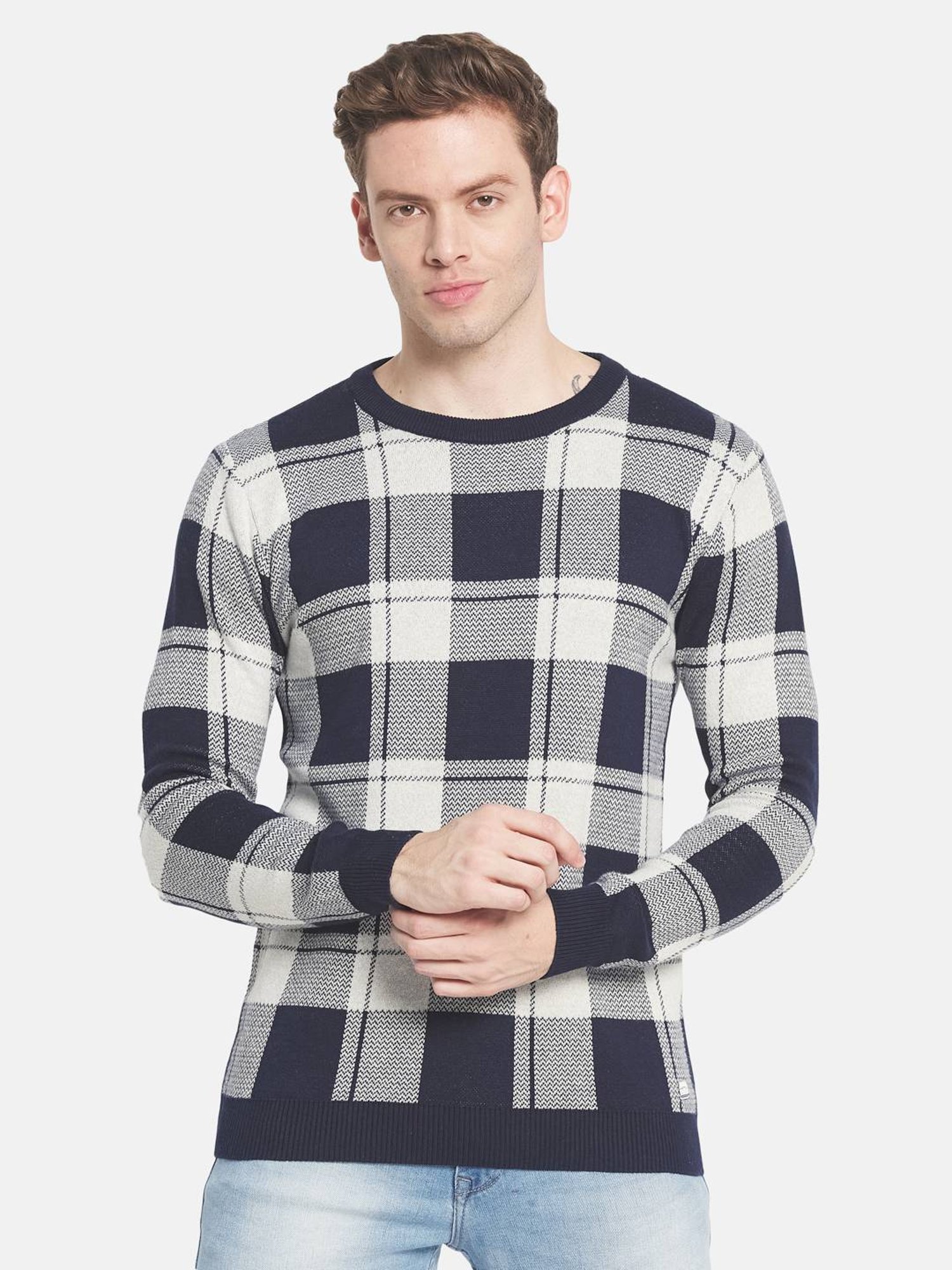 Mettle White & Navy Cotton Regular Fit Checks Sweater