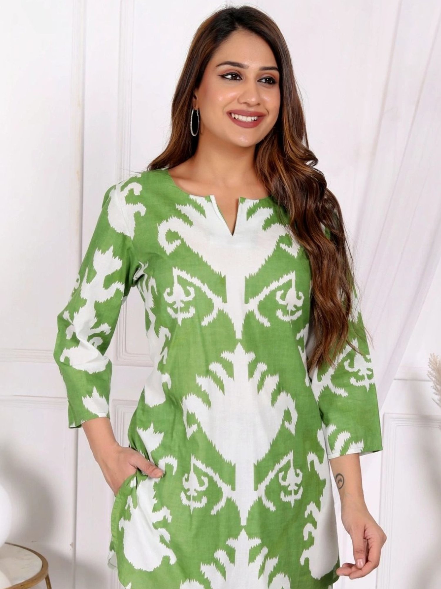 Kaftanize Sage Green Abstract Printed Cotton Short Tunic with Pant
