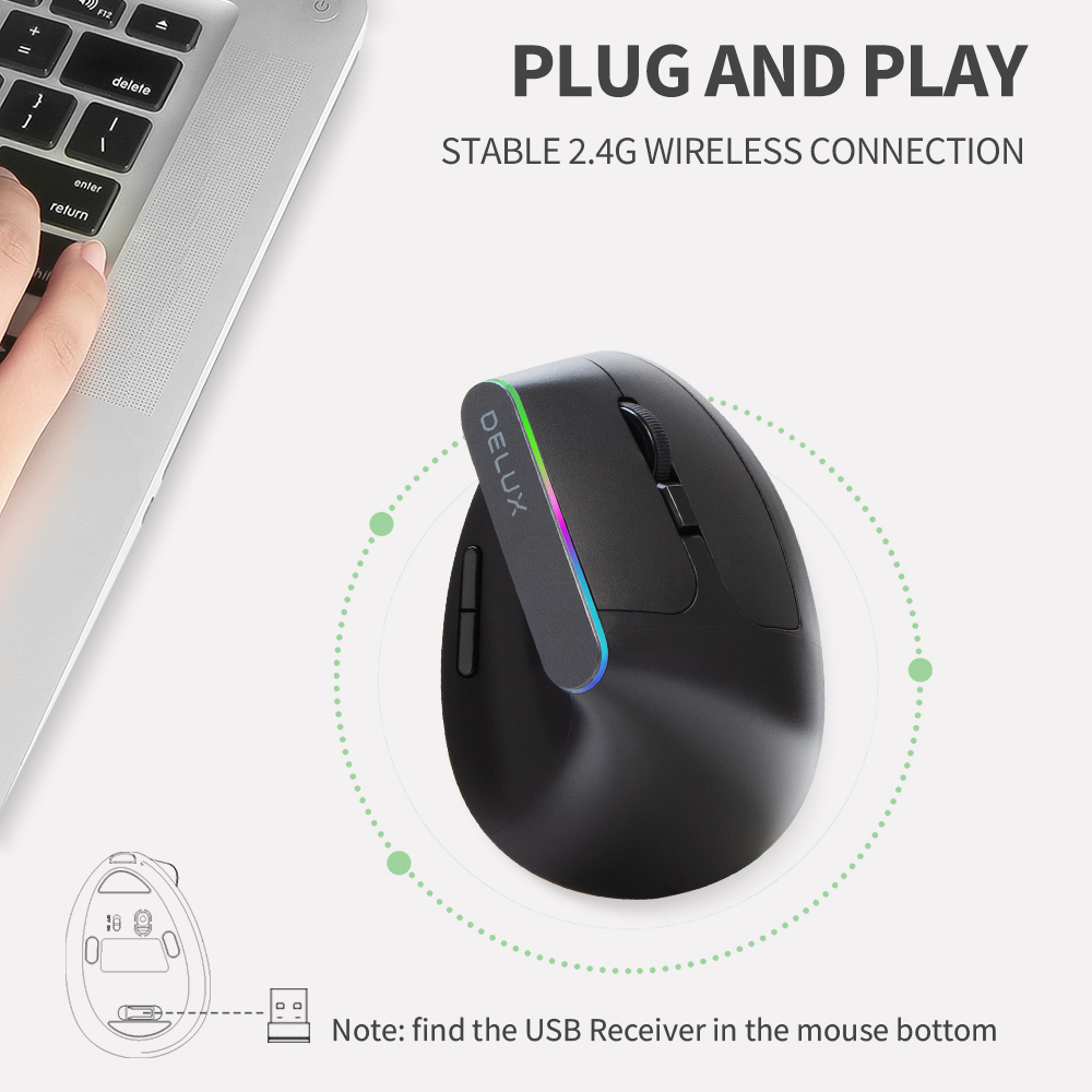 DELUX 2.4G Wireless Vertical Mouse, Rechargeable Ergonomic Mouse with USB Receiver, 6 Buttons and 1600DPI, Ergo 57 Degree Design Reduce Hand and Wrist Pressure for PC Laptp and Computer(M618D-Black)