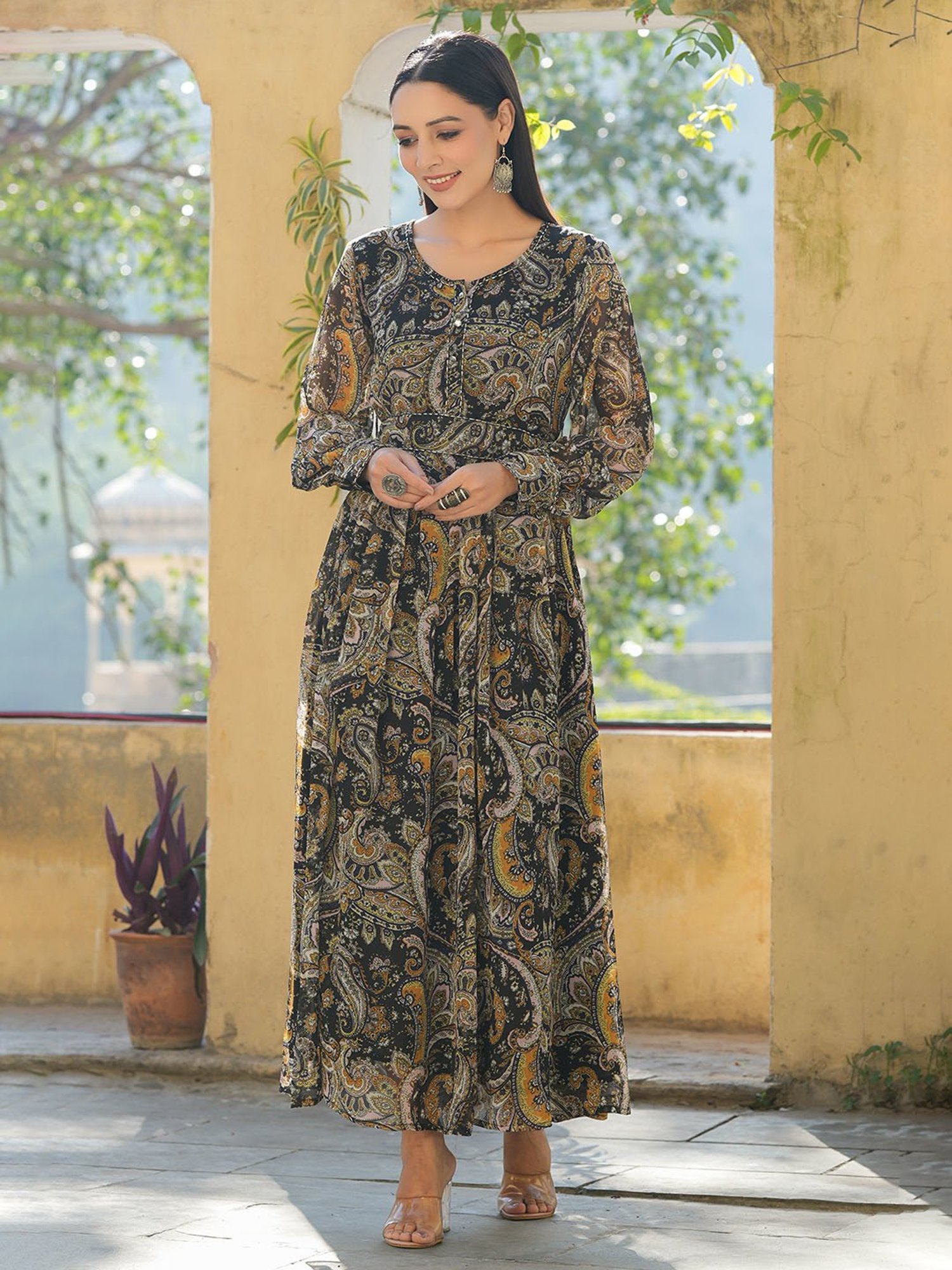 Juniper Black Paisley Printed Chiffon Flared Maxi Dress With Buttons