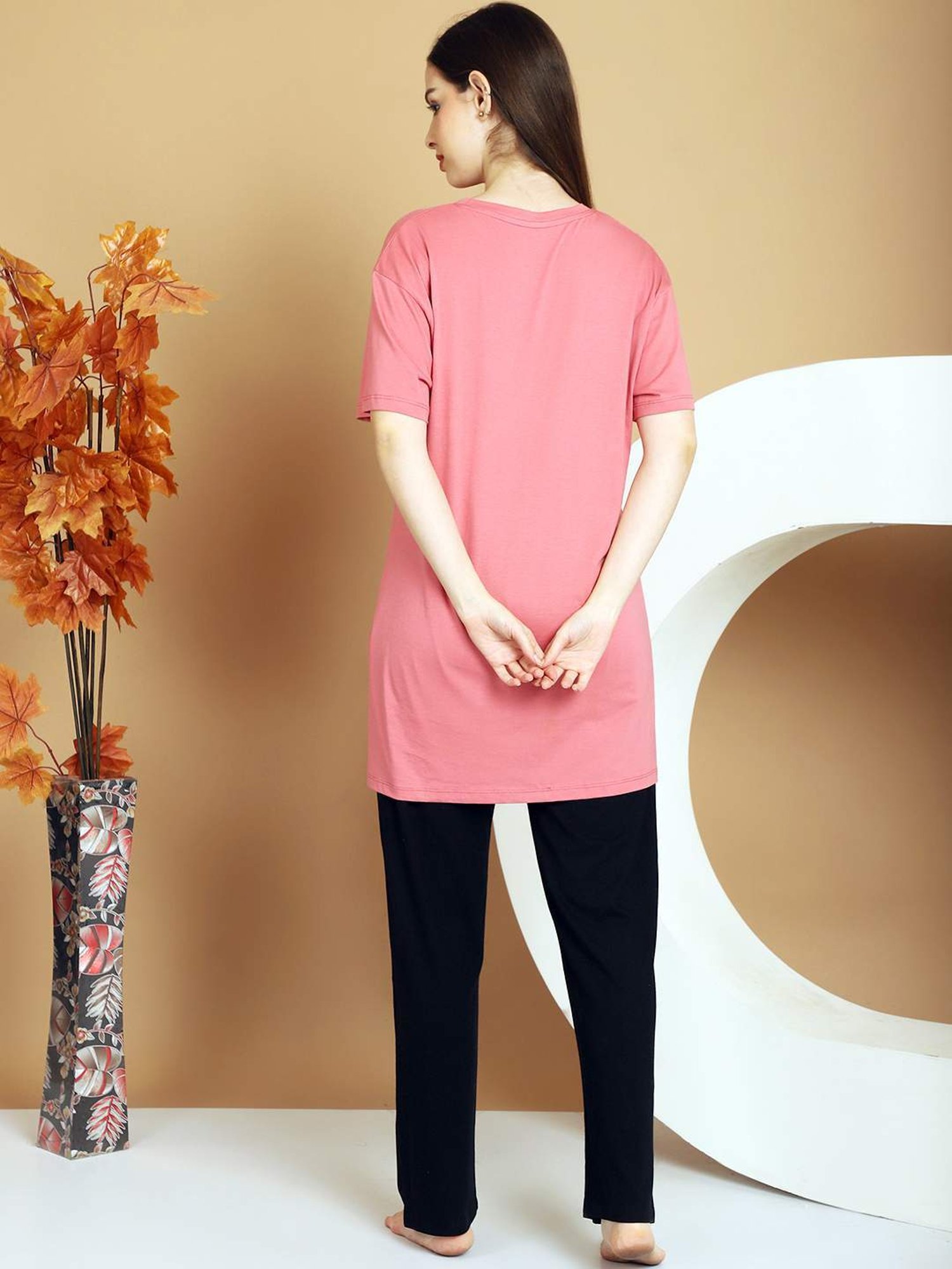 Kanvin Pink & Black Cotton Printed Tunic Pyjamas Set