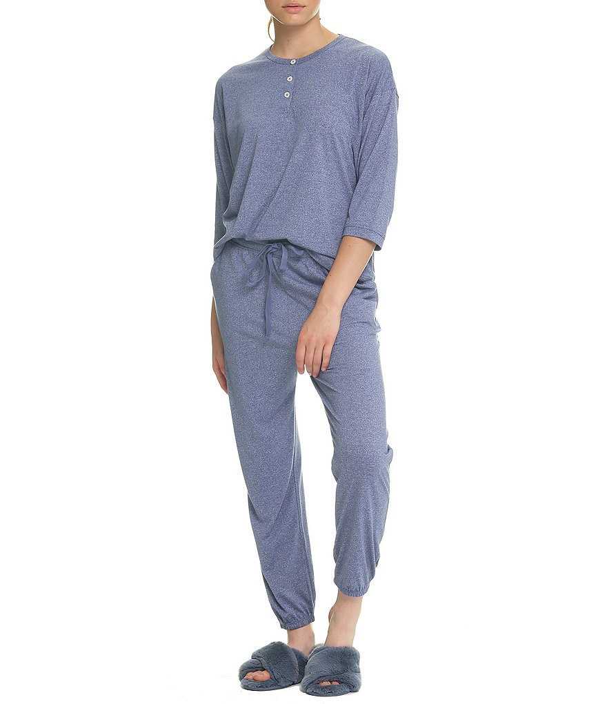 Papinelle Unwind Solid Knit 3/4 Sleeve Round Neck Henley Top & Jogger Pants Lounge Set