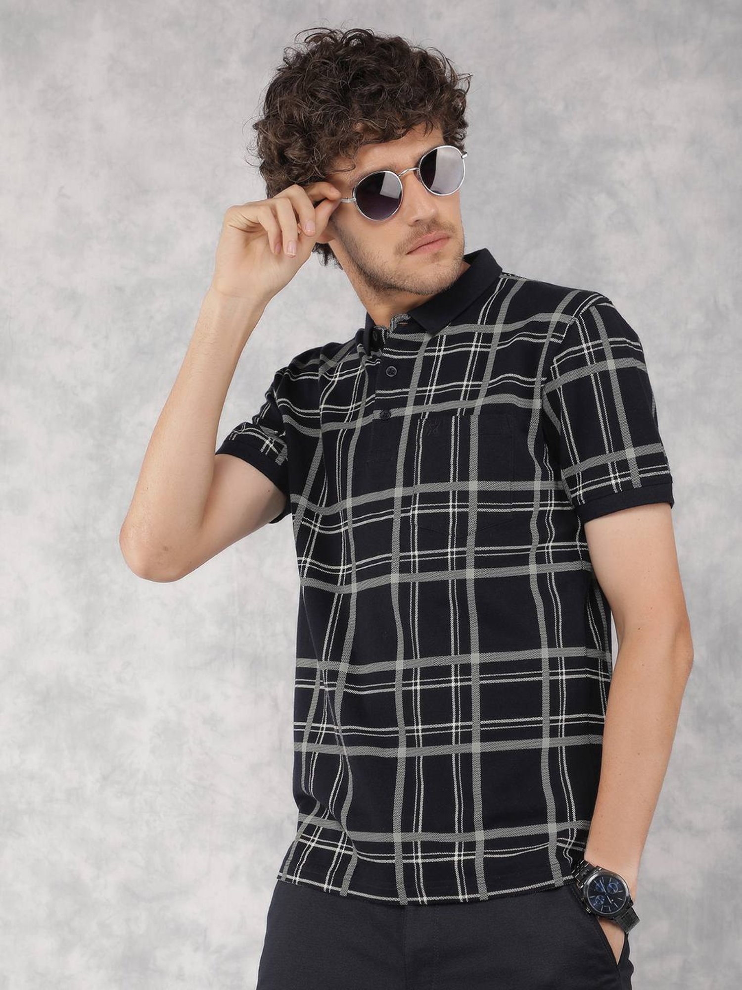 Crimsoune Club Navy Cotton Slim Fit Checks Polo T-Shirt